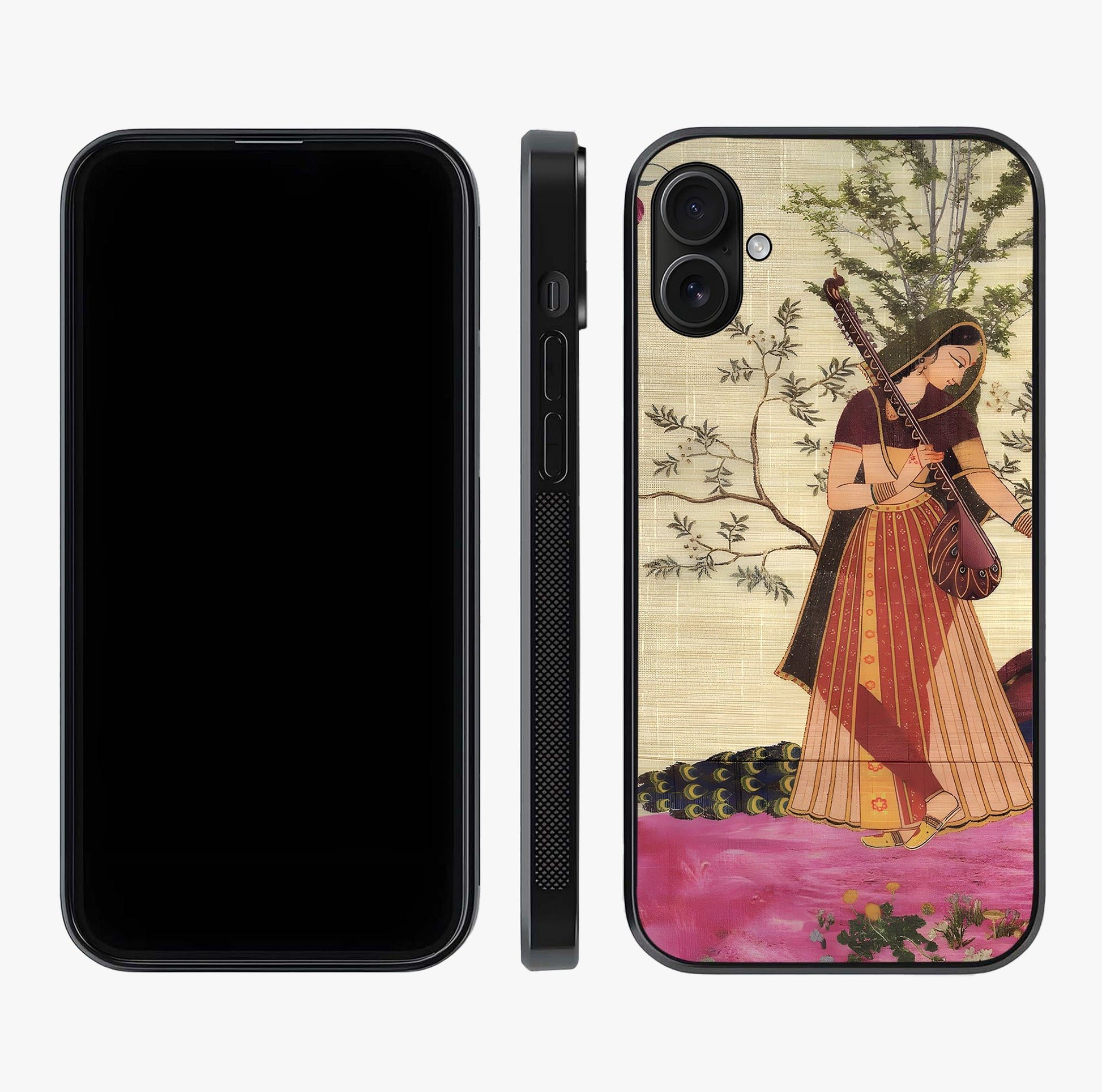 Lady With Veena Art Glass Case displayed upright for full design visibility and premium finish.