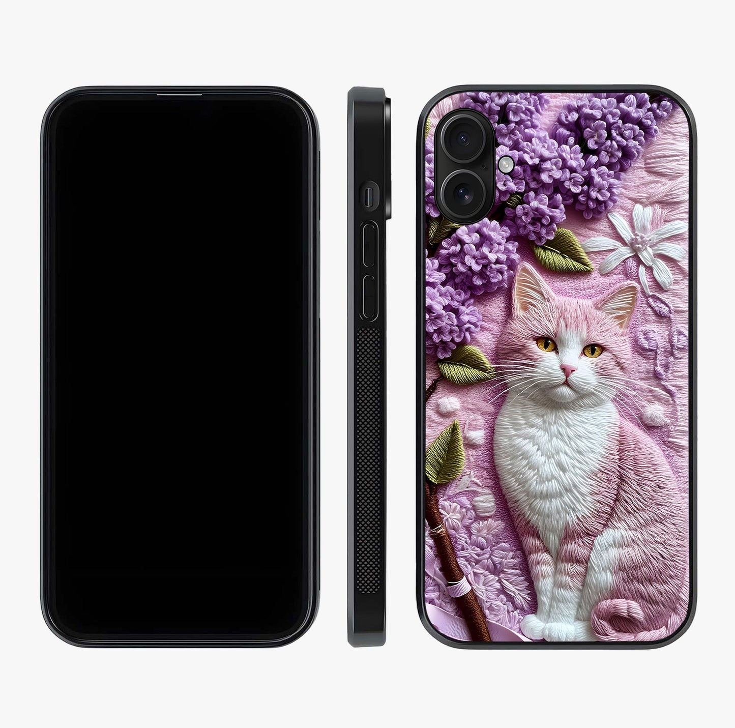 Lavender Cat Whimsy Glass Case displayed upright for full design visibility and premium finish.