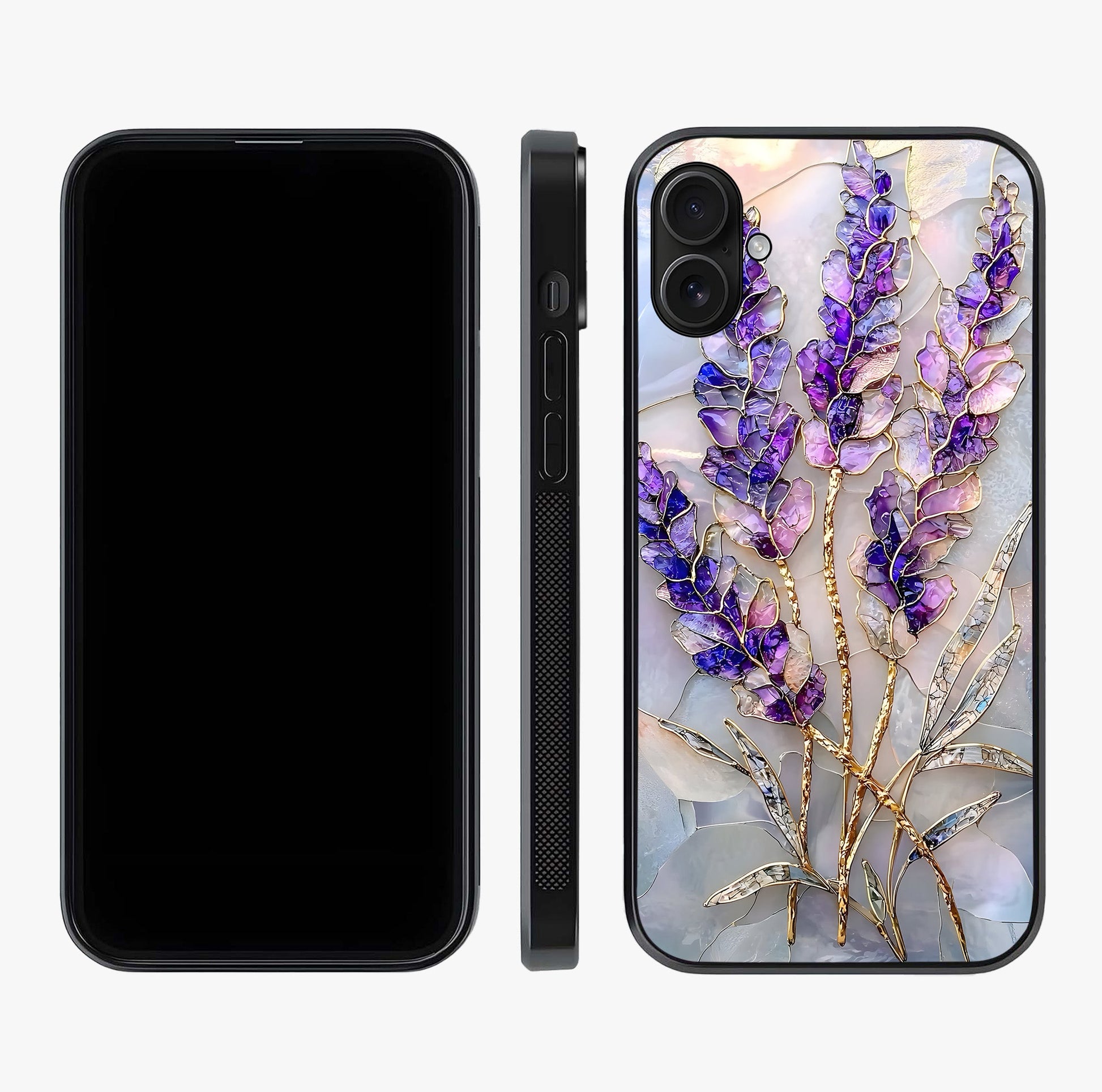 Lavender Dream Glow Glass Case displayed upright for full design visibility and premium finish.