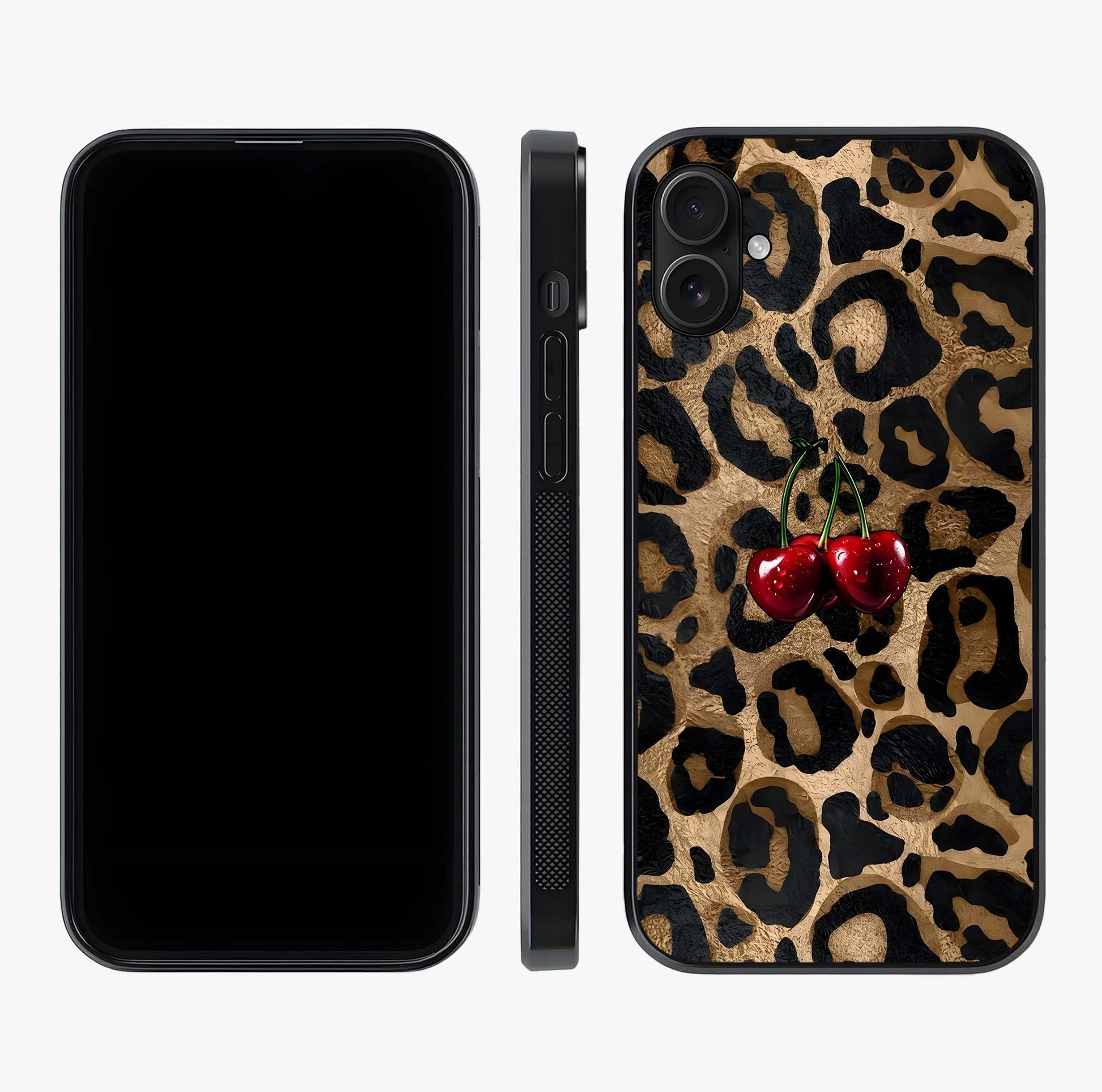 Leopard Wild Cherry Glass Case displayed upright for full design visibility and premium finish.