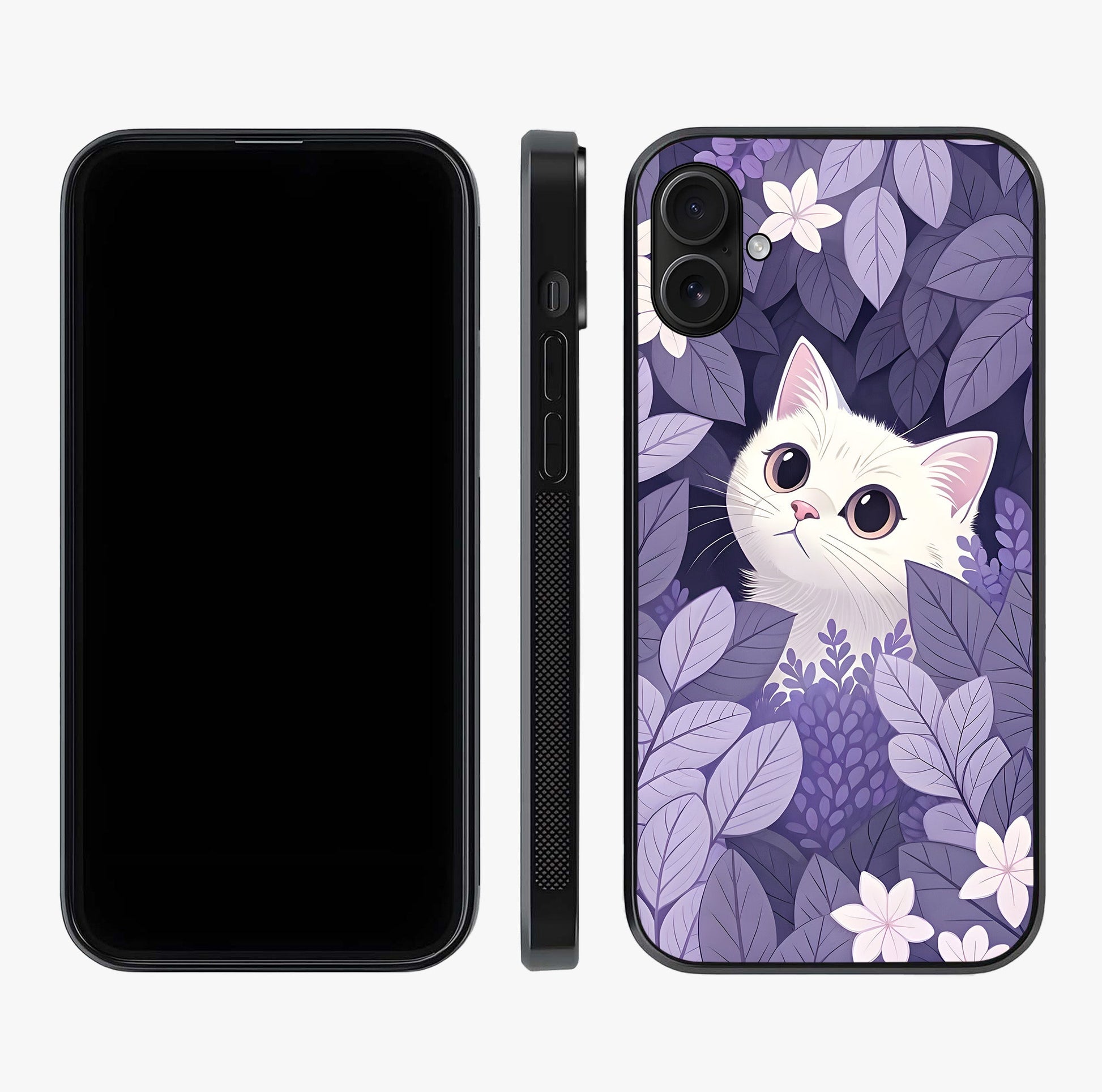 Lilac Hide Peek Cat Glass Case displayed upright for full design visibility and premium finish.