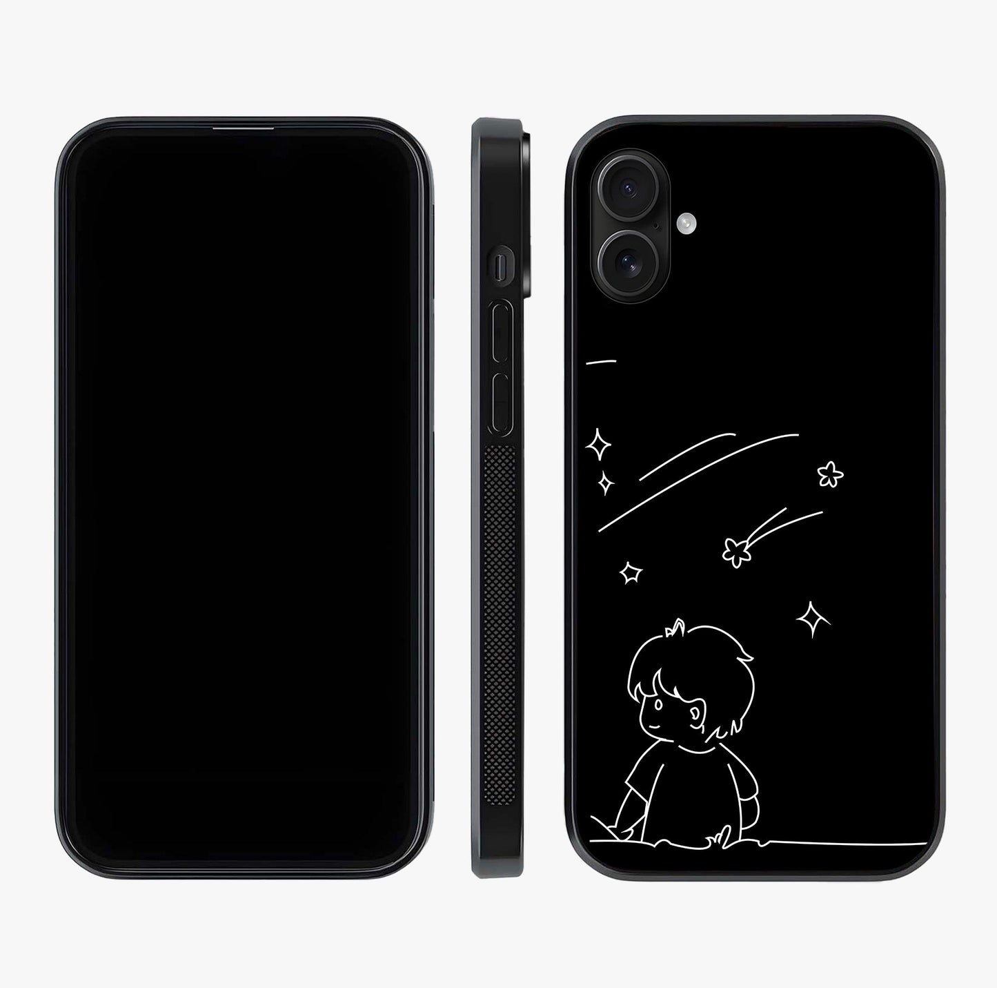 Line Art Boy With Shooting Stars Glass Case displayed upright for full design visibility and premium finish.