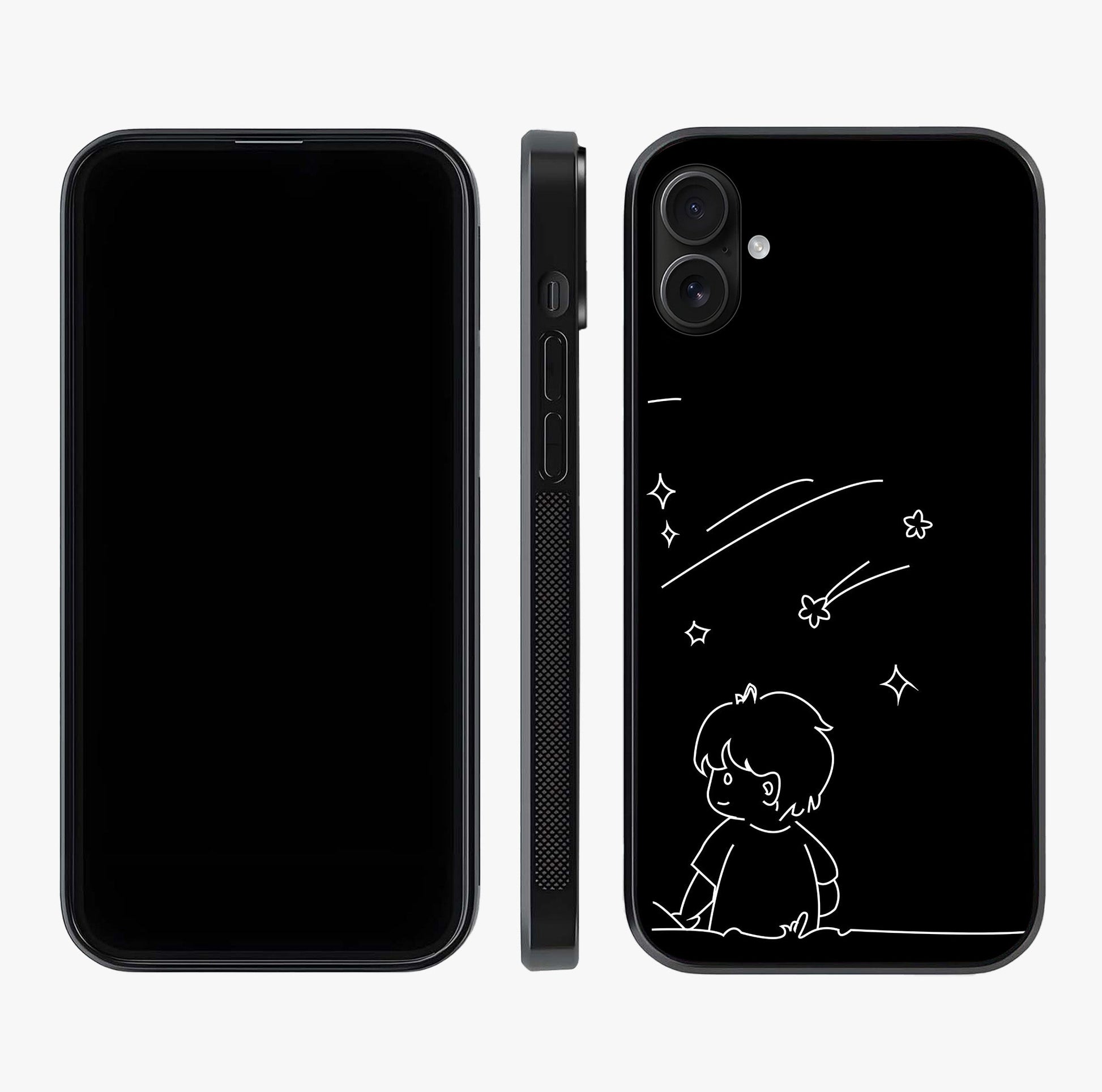 Line Art Boy With Shooting Stars Glass Case displayed upright for full design visibility and premium finish.