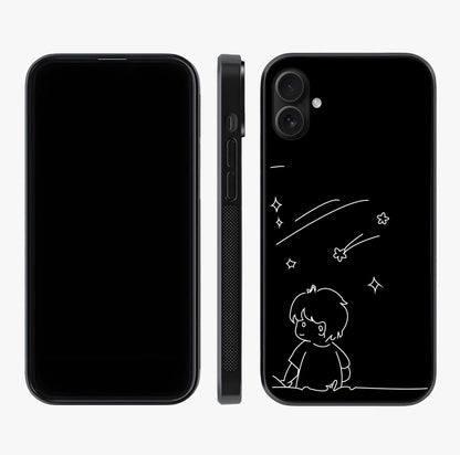 Line Art Boy With Shooting Stars Glass Case displayed upright for full design visibility and premium finish.