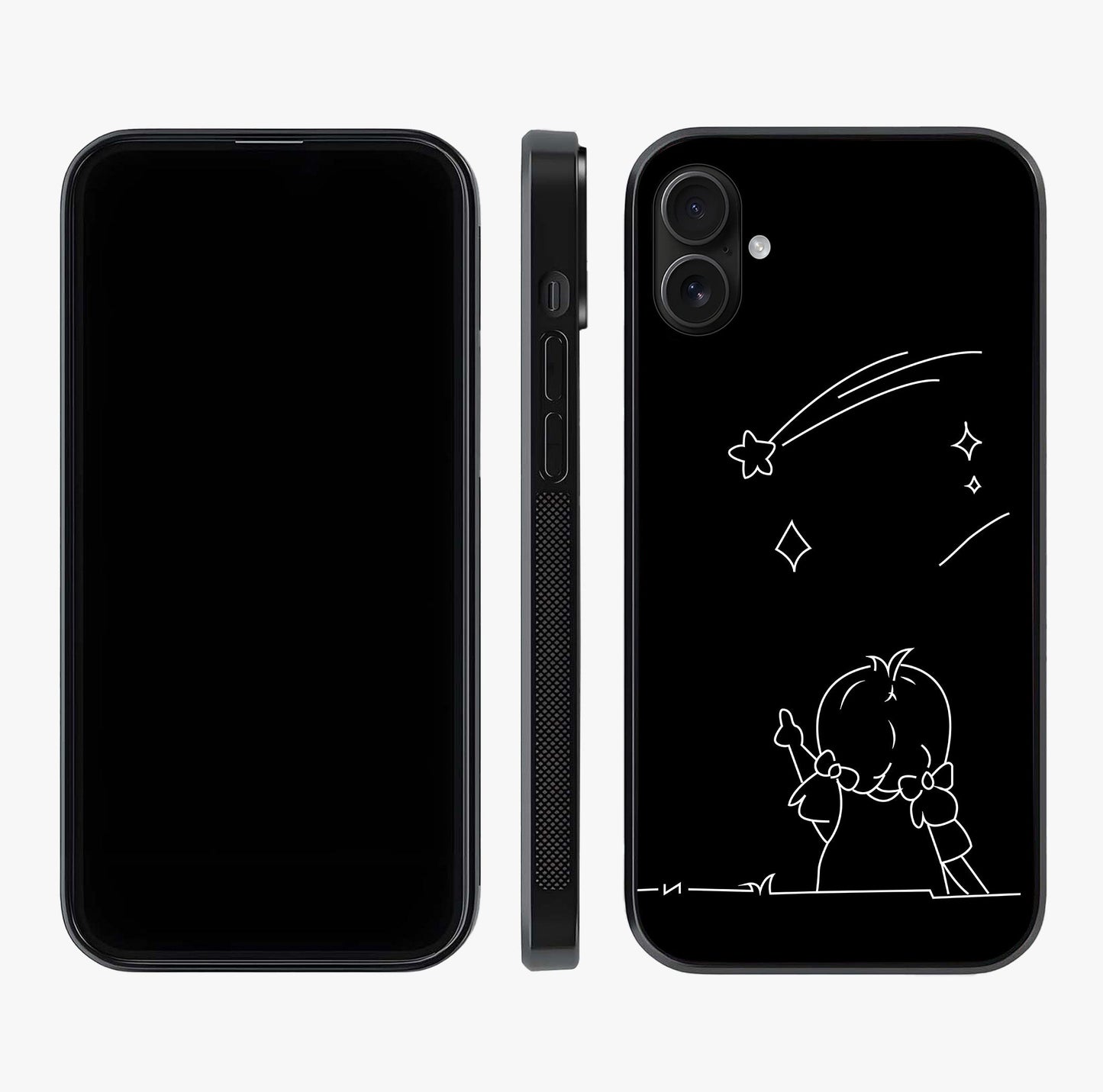 Line Art Girl With Shooting Stars Glass Case displayed upright for full design visibility and premium finish.