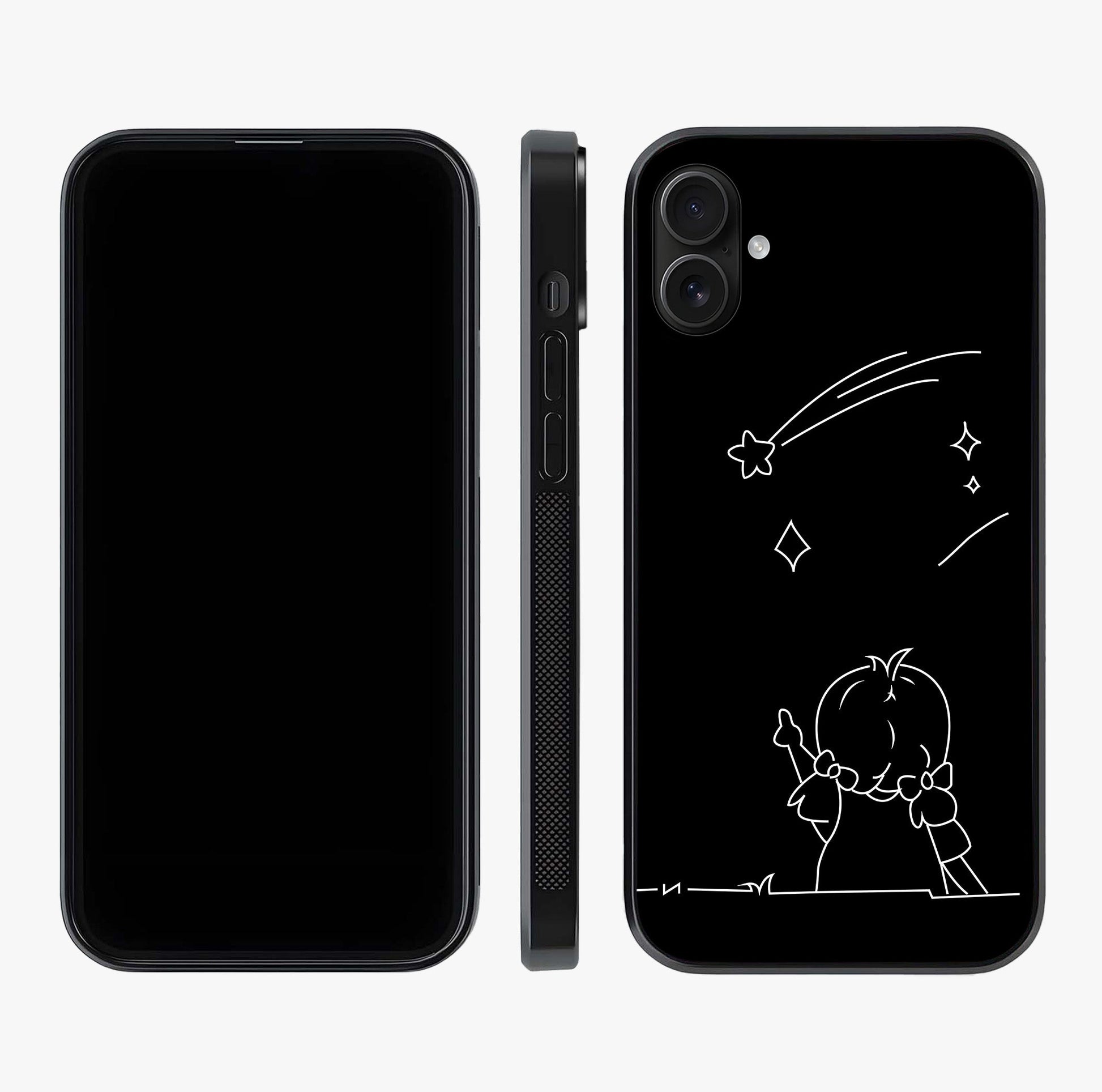 Line Art Girl With Shooting Stars Glass Case displayed upright for full design visibility and premium finish.
