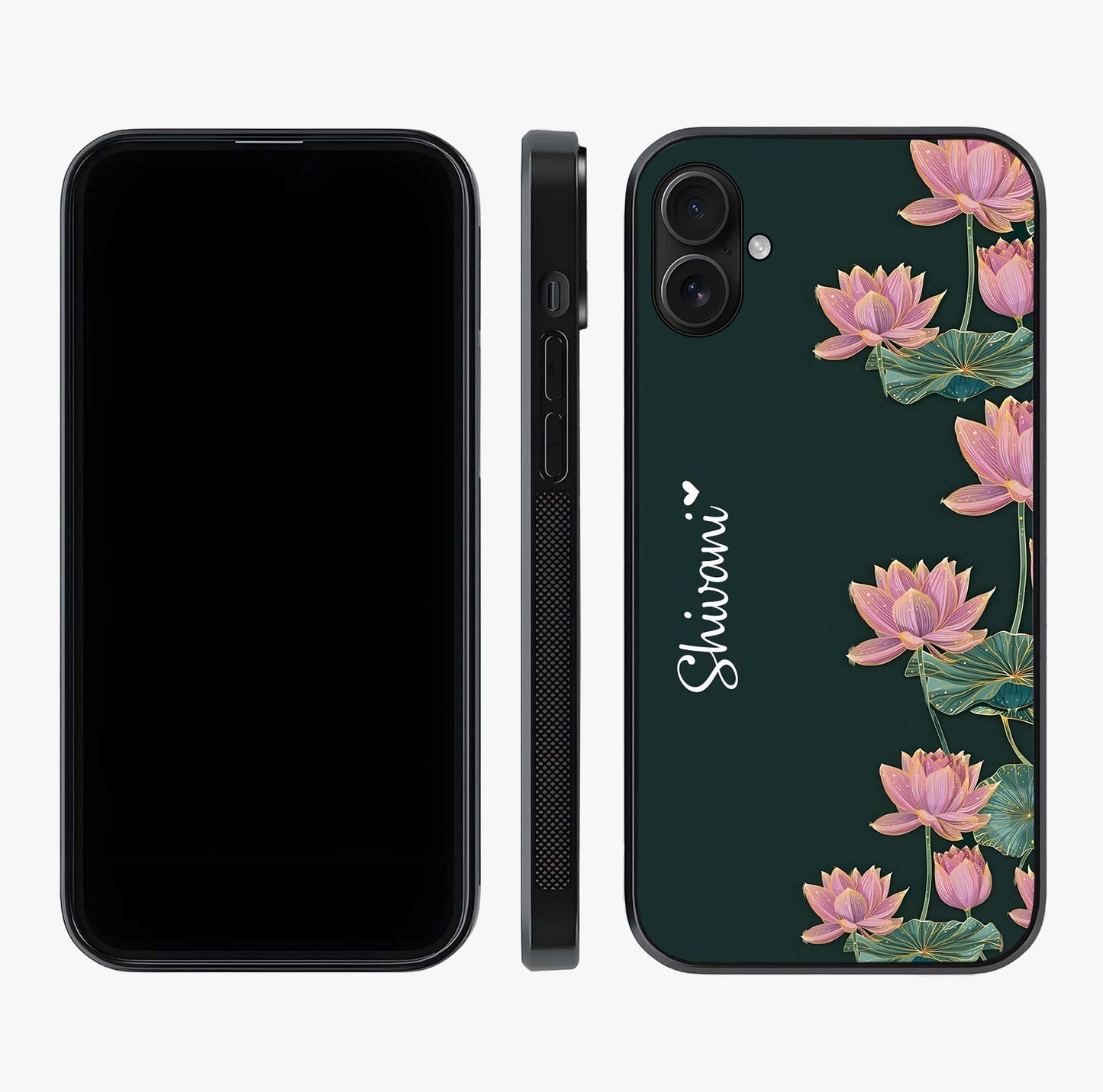 Lotus Bloom Serenity Custom Name Glass Case displayed upright for full design visibility and premium finish.