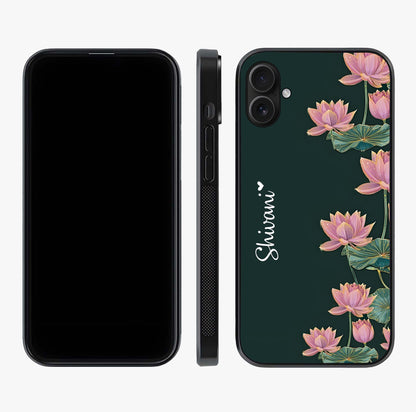 Lotus Bloom Serenity Custom Name Glass Case displayed upright for full design visibility and premium finish.