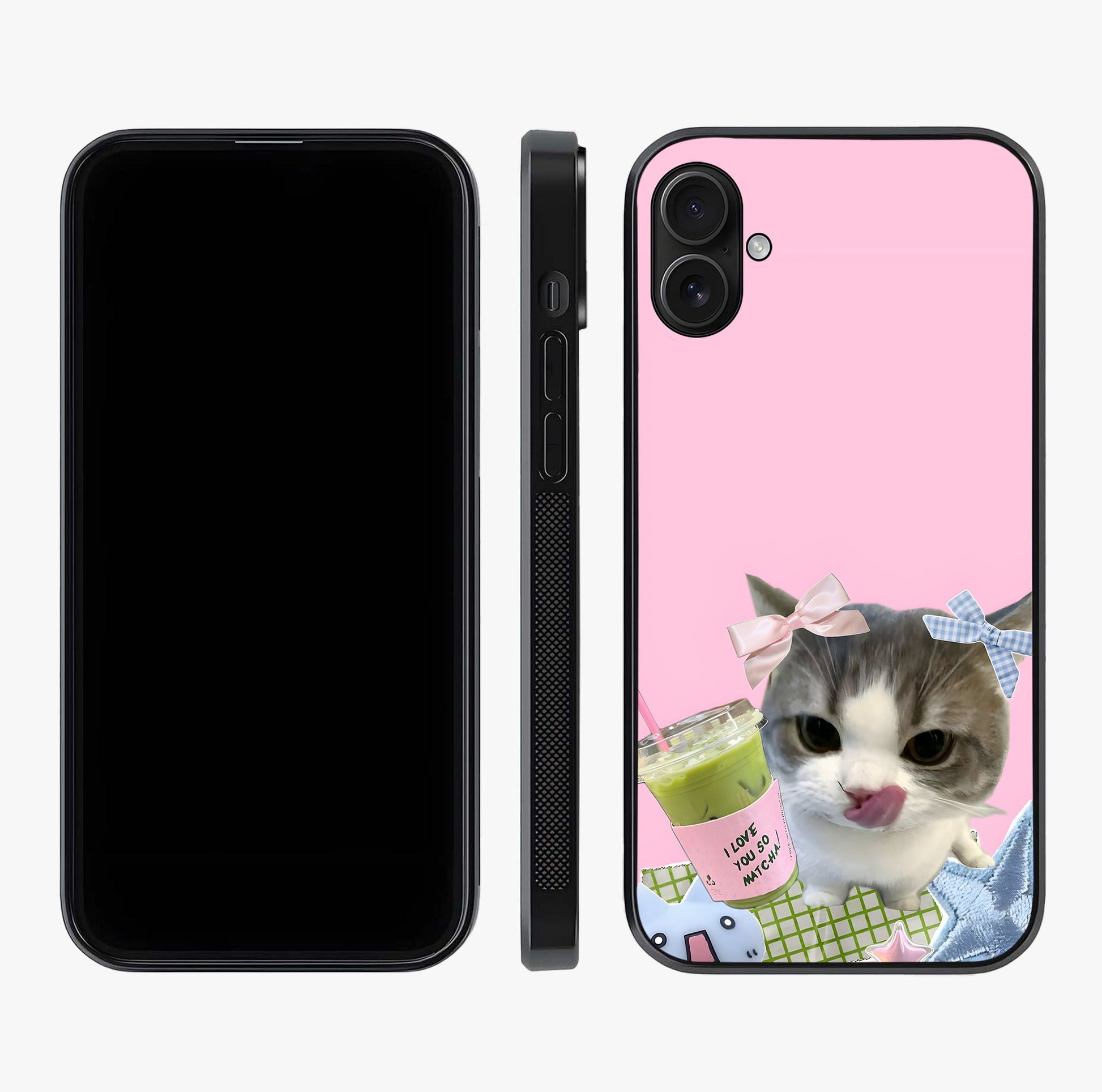 Love Matcha Cat Glass Case displayed upright for full design visibility and premium finish.