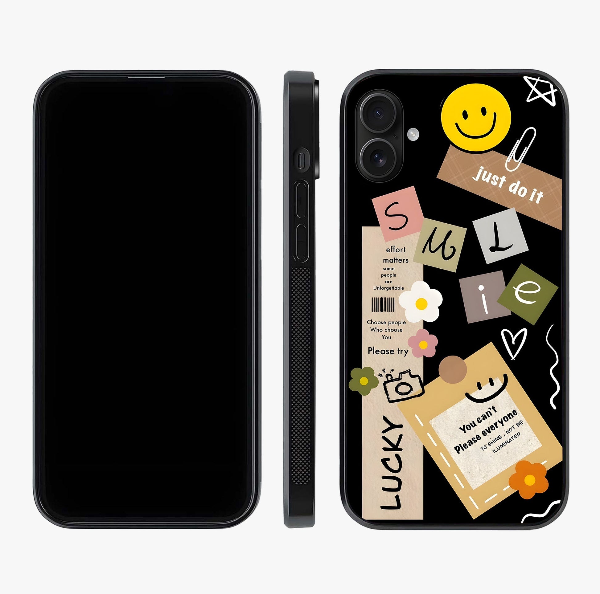Lucky Aesthetic Collage Glass Case displayed upright for full design visibility and premium finish.