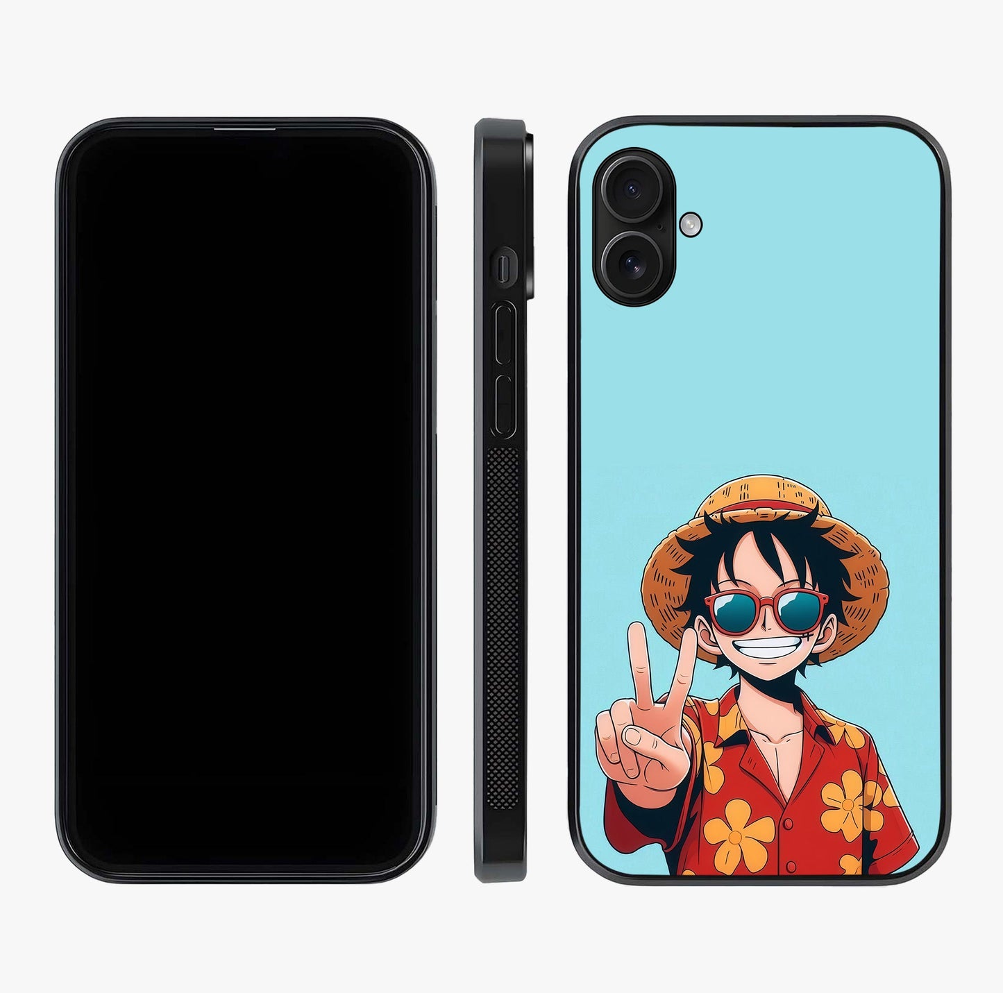 Luffy Summer Anime Vibe Glass Case displayed upright for full design visibility and premium finish.