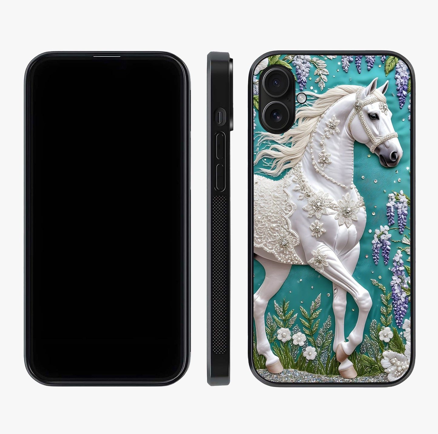 Majestic Floral Stallion Glass Case displayed upright for full design visibility and premium finish.