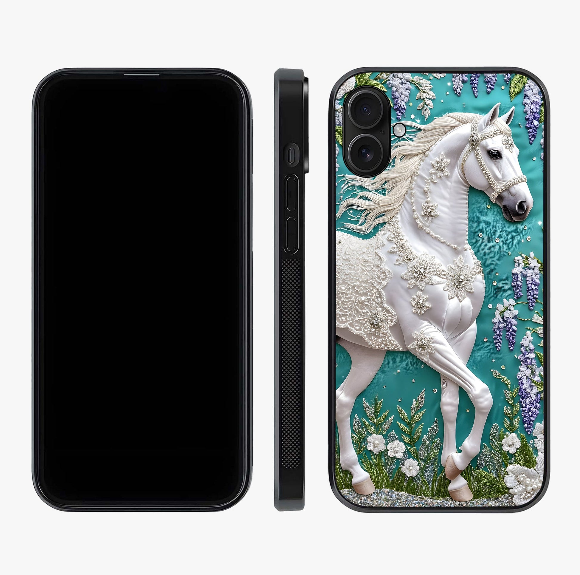 Majestic Floral Stallion Glass Case displayed upright for full design visibility and premium finish.