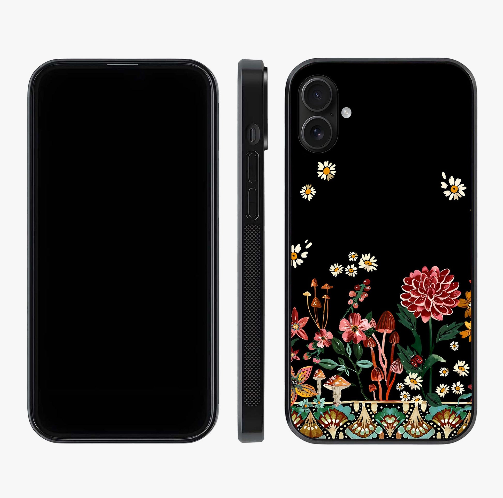Midnight Bloom Pattern Glass Case displayed upright for full design visibility and premium finish.