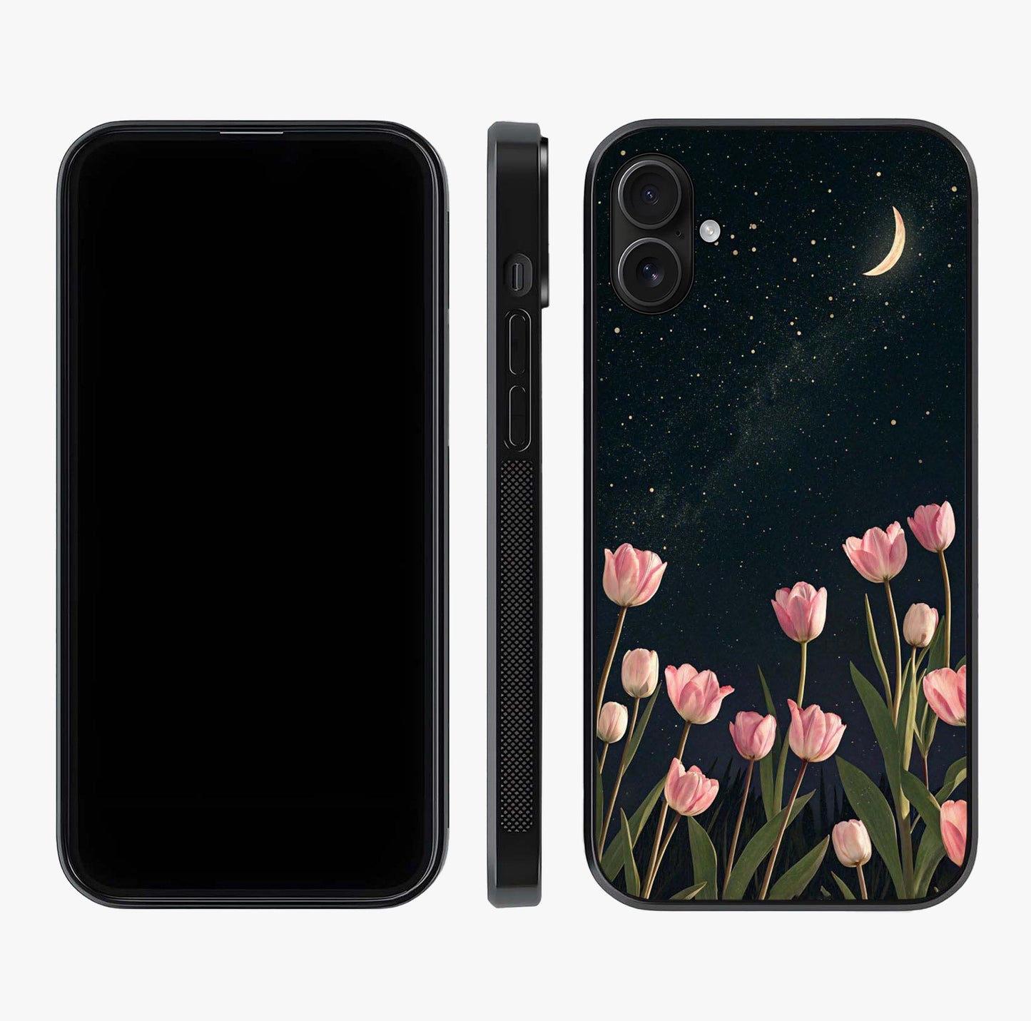 Midnight Tulip Whispers Vibe Glass Case displayed upright for full design visibility and premium finish.