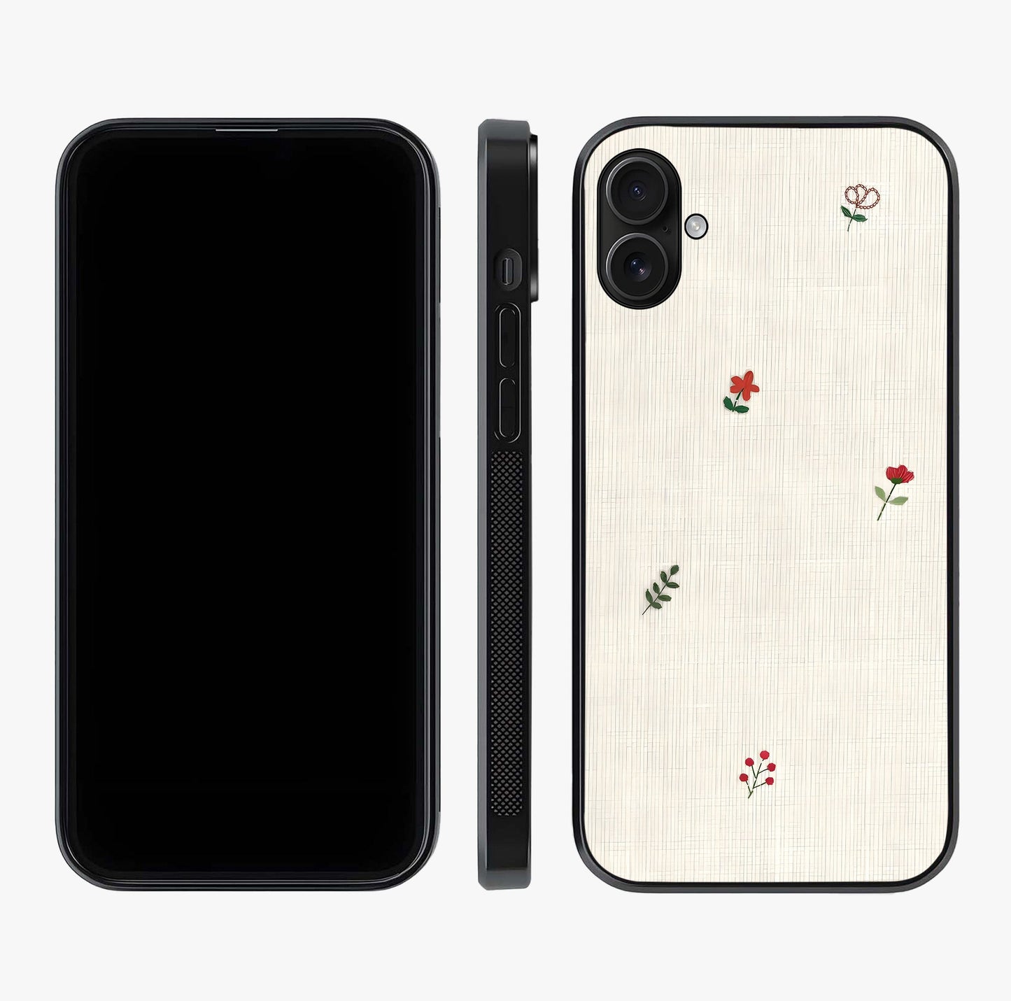 Minimal Petal Whispers Glass Case displayed upright for full design visibility and premium finish.