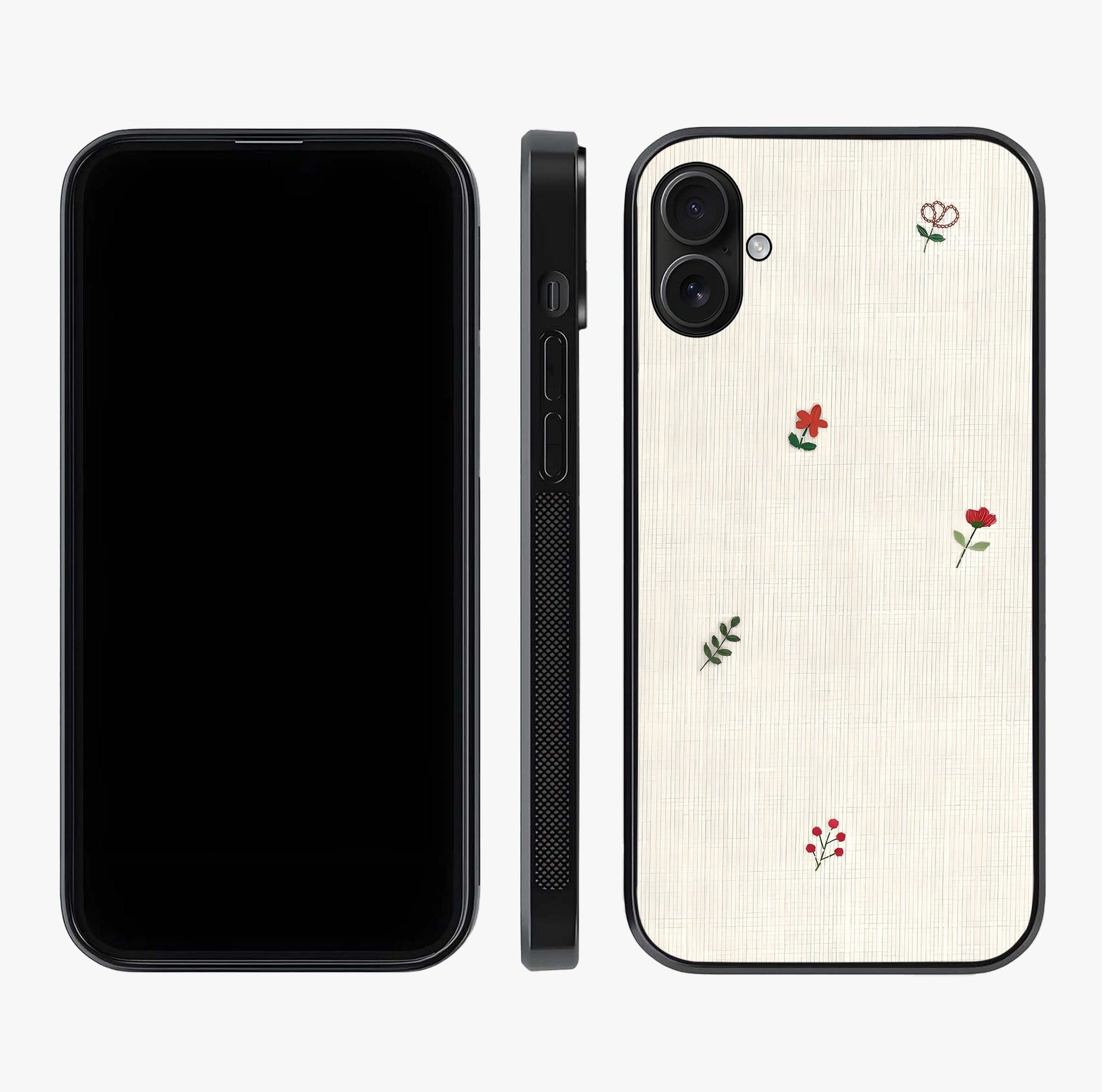 Minimal Petal Whispers Glass Case displayed upright for full design visibility and premium finish.