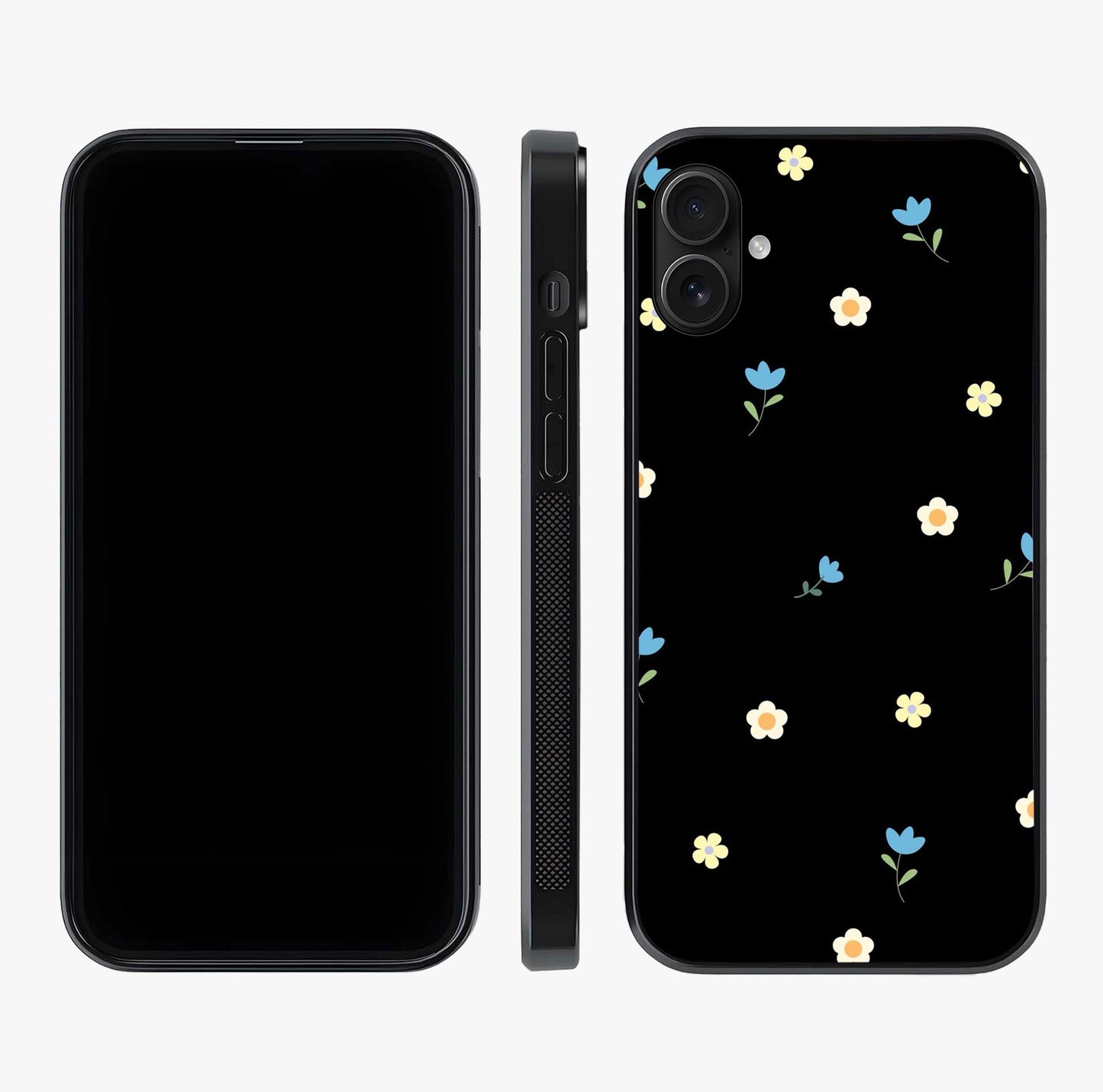Minimalistic Blue With White Flower Pattern Glass Case displayed upright for full design visibility and premium finish.