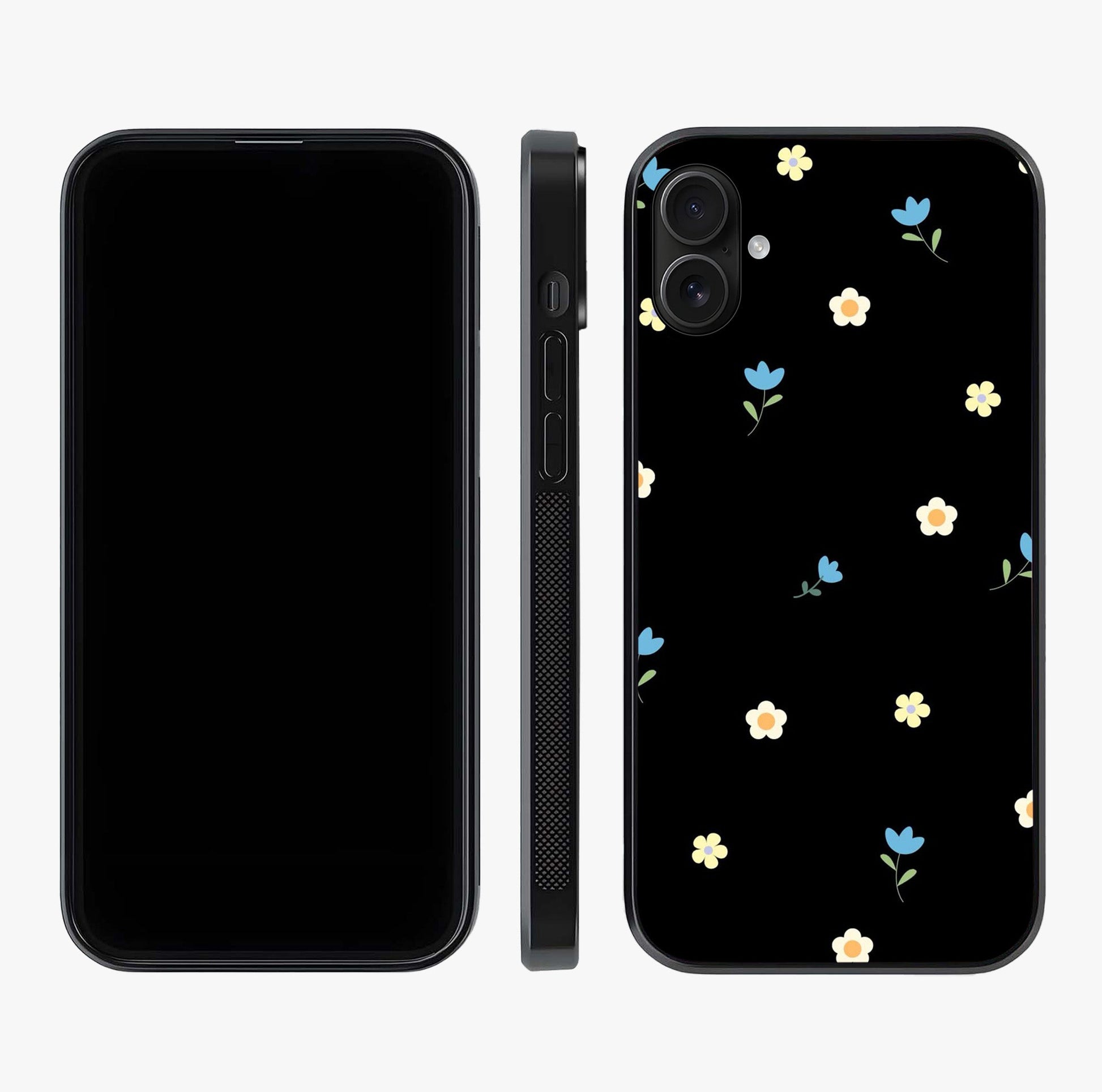 Minimalistic Blue With White Flower Pattern Glass Case displayed upright for full design visibility and premium finish.