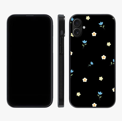 Minimalistic Blue With White Flower Pattern Glass Case displayed upright for full design visibility and premium finish.