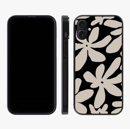 Monochrome Petal Dance Glass Case displayed upright for full design visibility and premium finish.