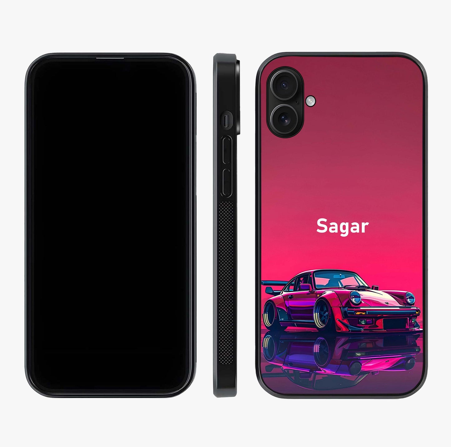 Neon Pink Porsche Glass Case displayed upright for full design visibility and premium finish.