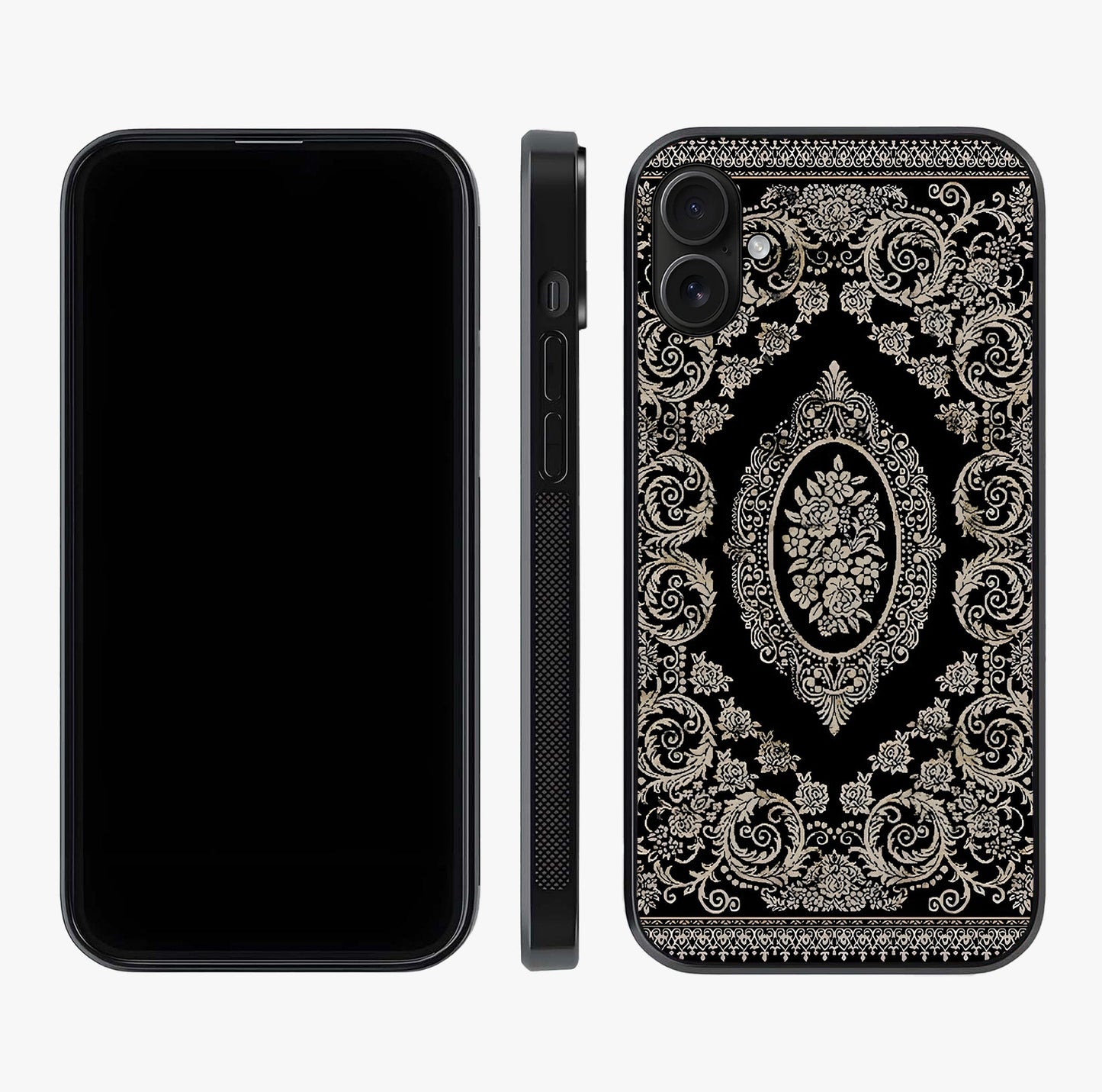 Noir Bloom Elegance Glass Case displayed upright for full design visibility and premium finish.
