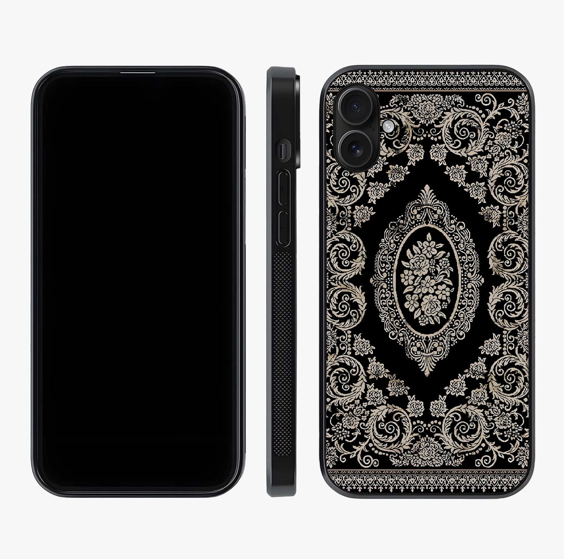 Noir Bloom Elegance Glass Case displayed upright for full design visibility and premium finish.