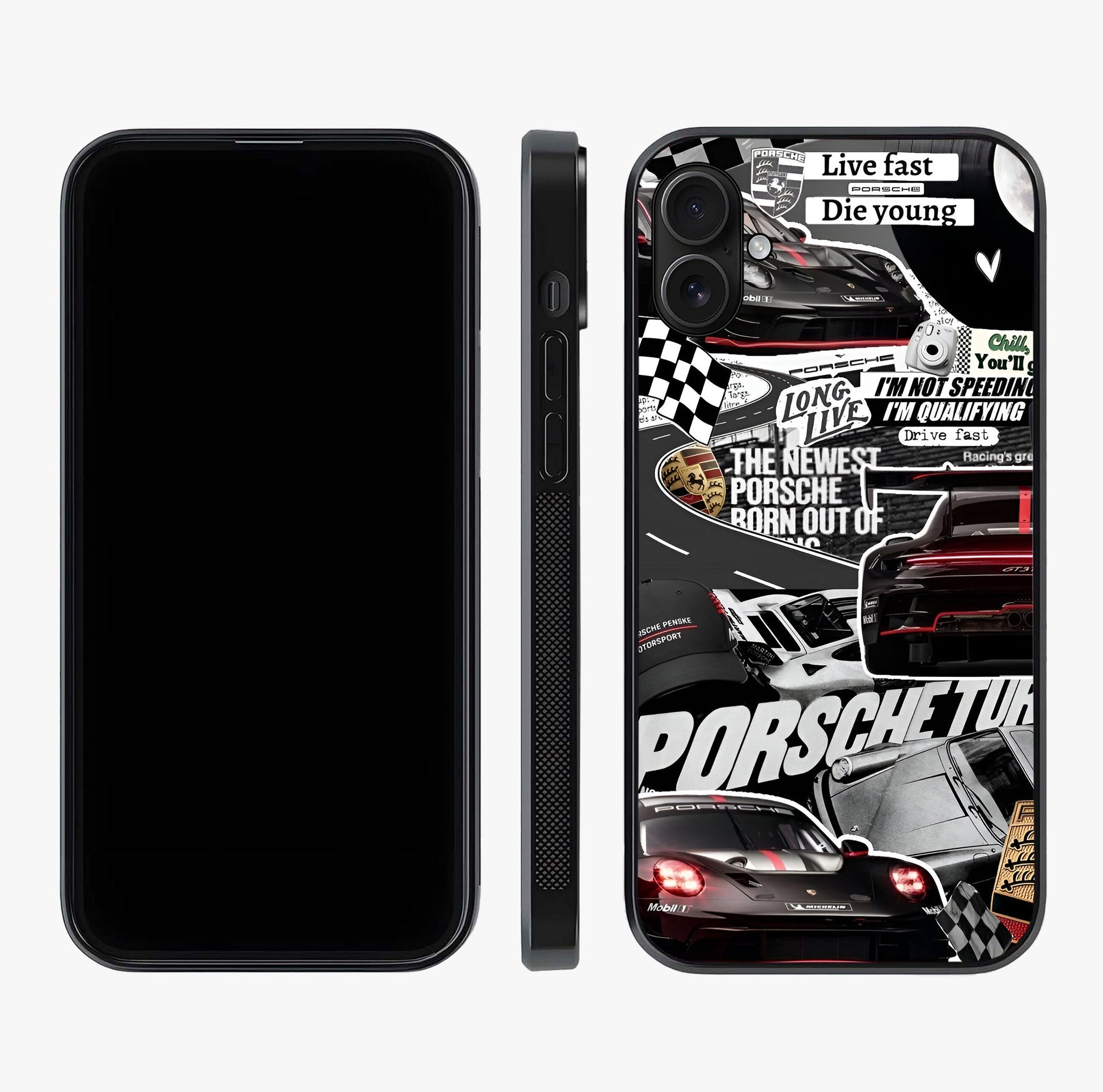 Porsche Racing Collage Glass Case displayed upright for full design visibility and premium finish.