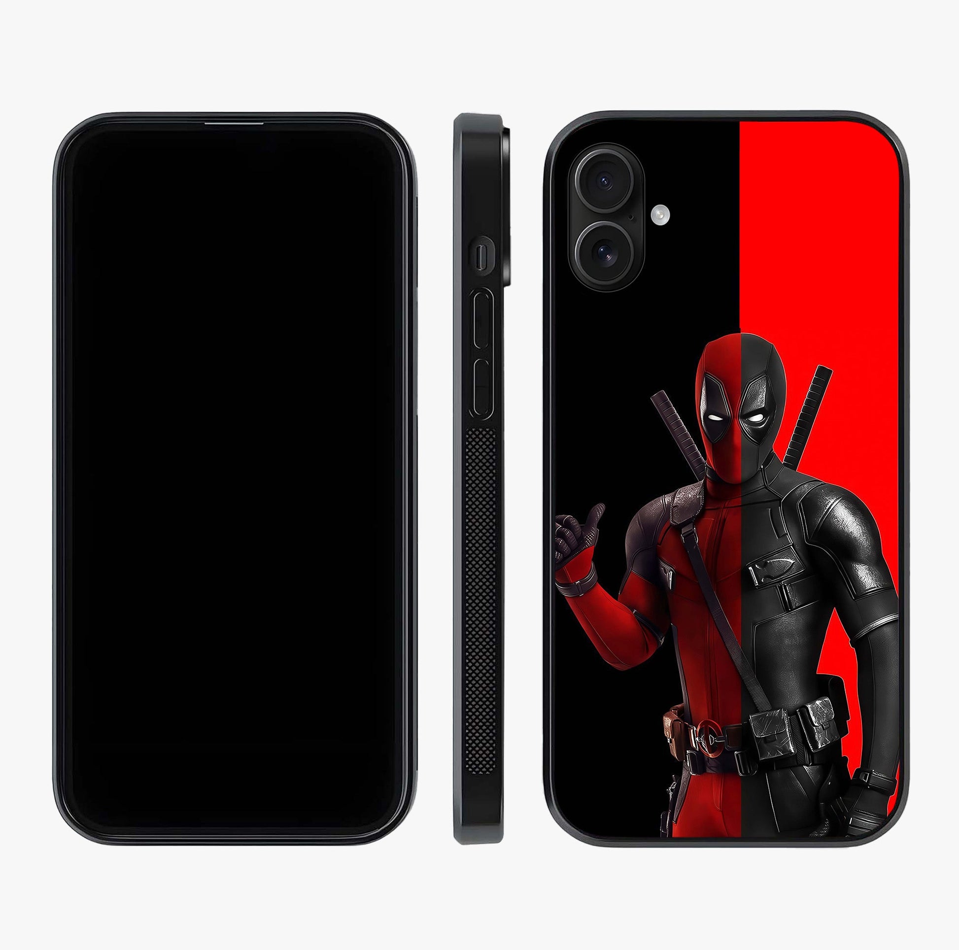 Red & Black Deadpool Theme Glass Case displayed upright for full design visibility and premium finish.
