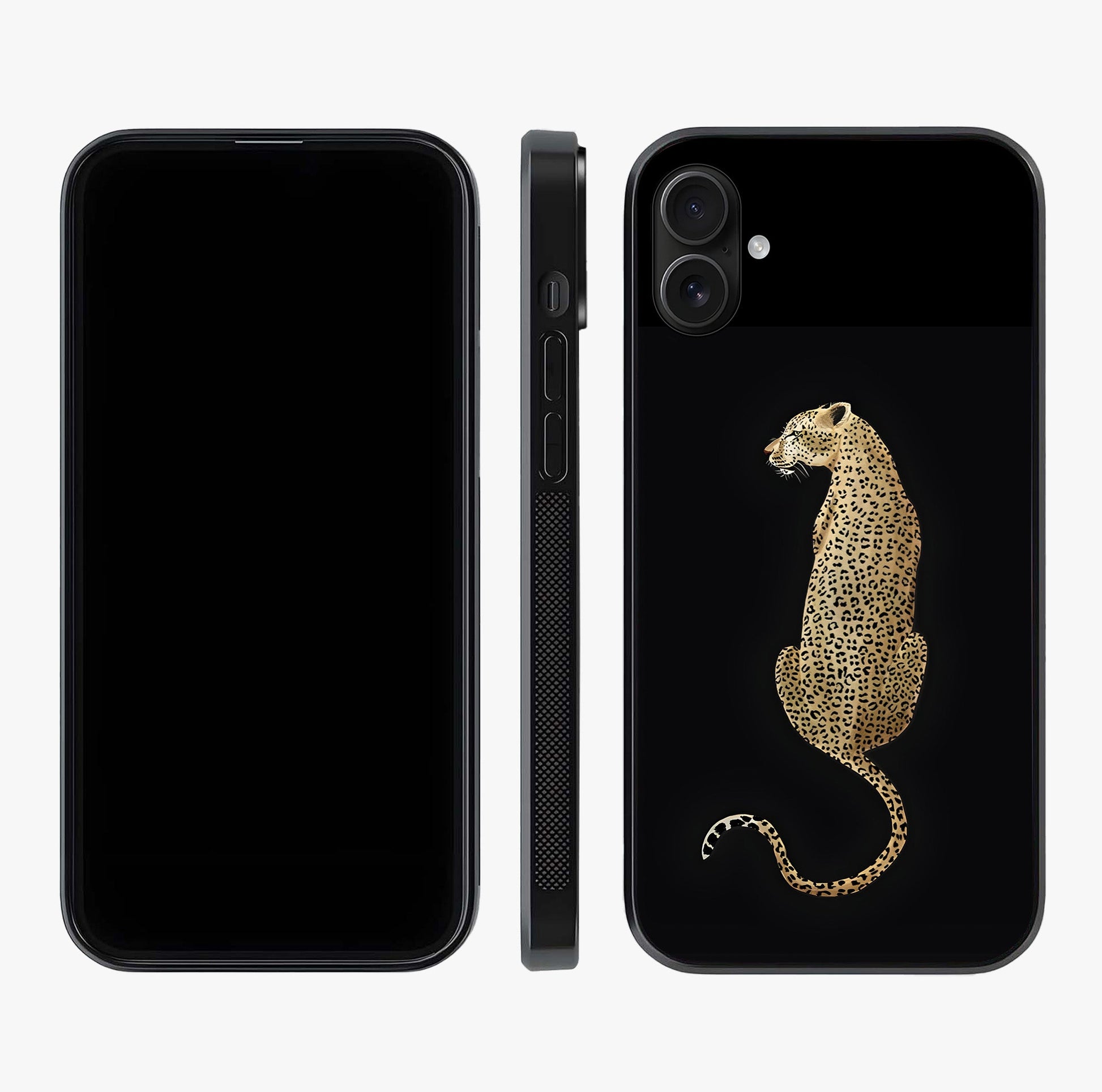 Regal Leopard Glass Case displayed upright for full design visibility and premium finish.