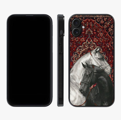 Regal Stallion Tapestry Glass Case displayed upright for full design visibility and premium finish.