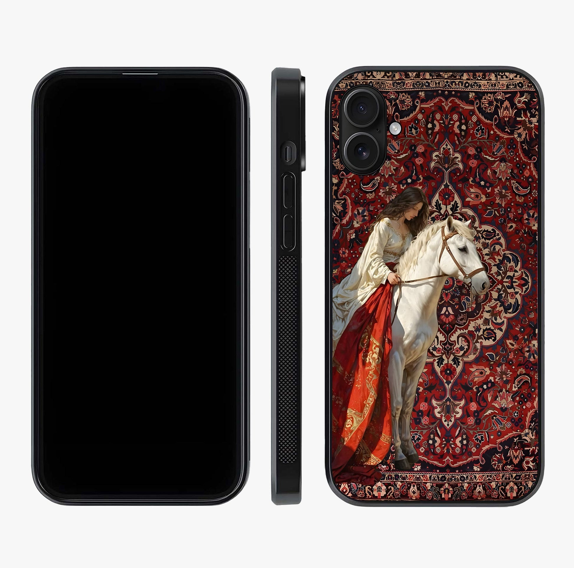 Royal Rider Tapestry Glass Case displayed upright for full design visibility and premium finish.