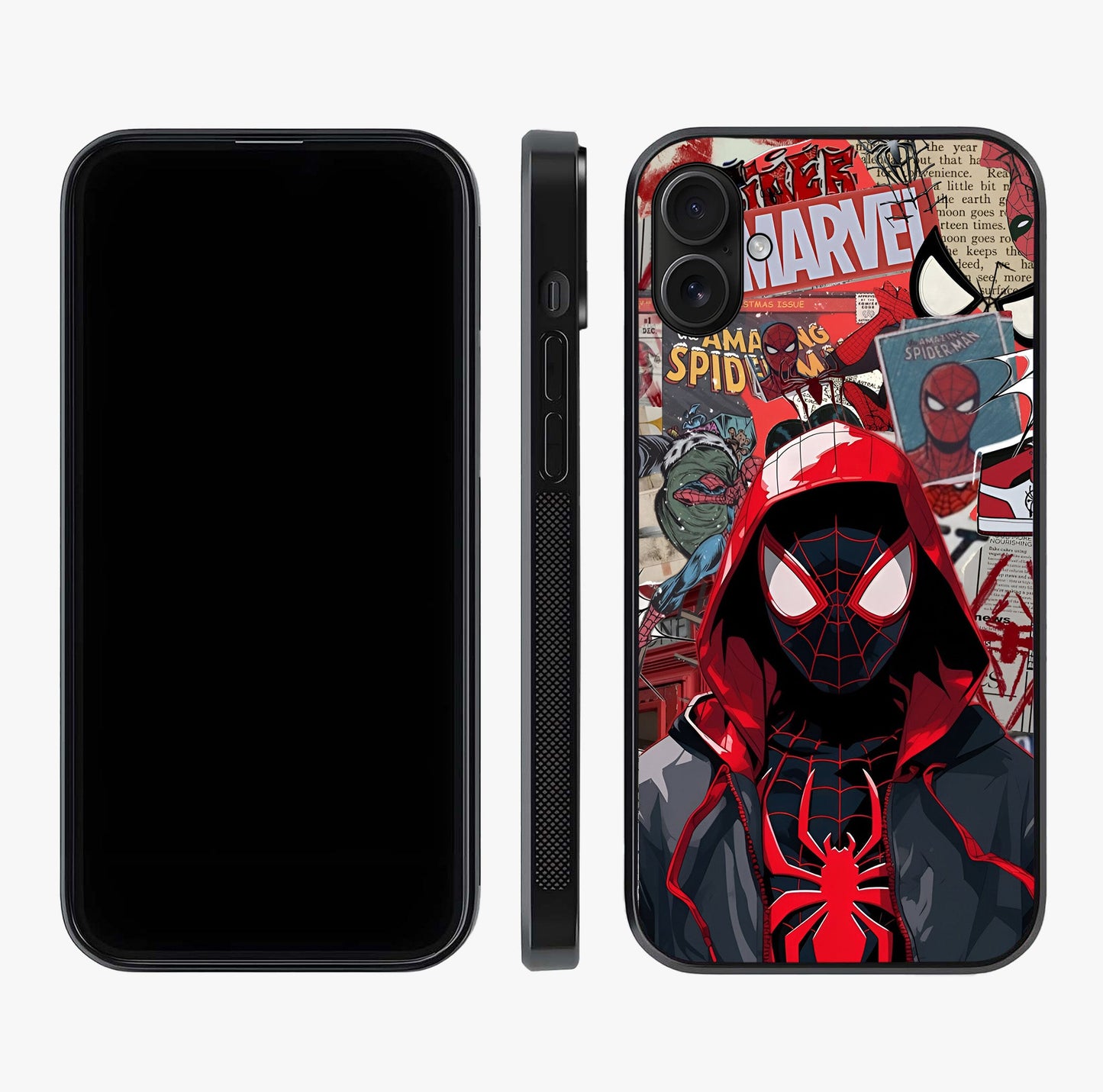Spider Collage Street Glass Case displayed upright for full design visibility and premium finish.