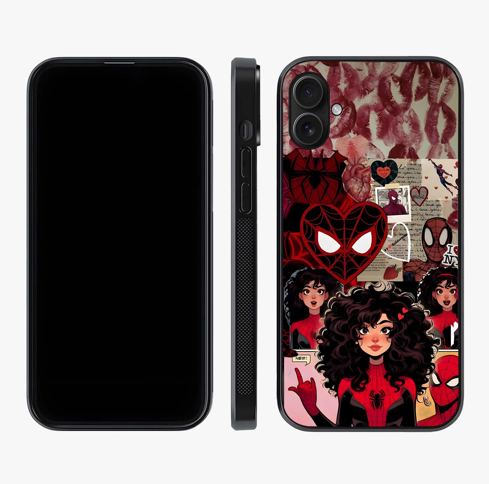 Spider Love Story Glass Case displayed upright for full design visibility and premium finish.