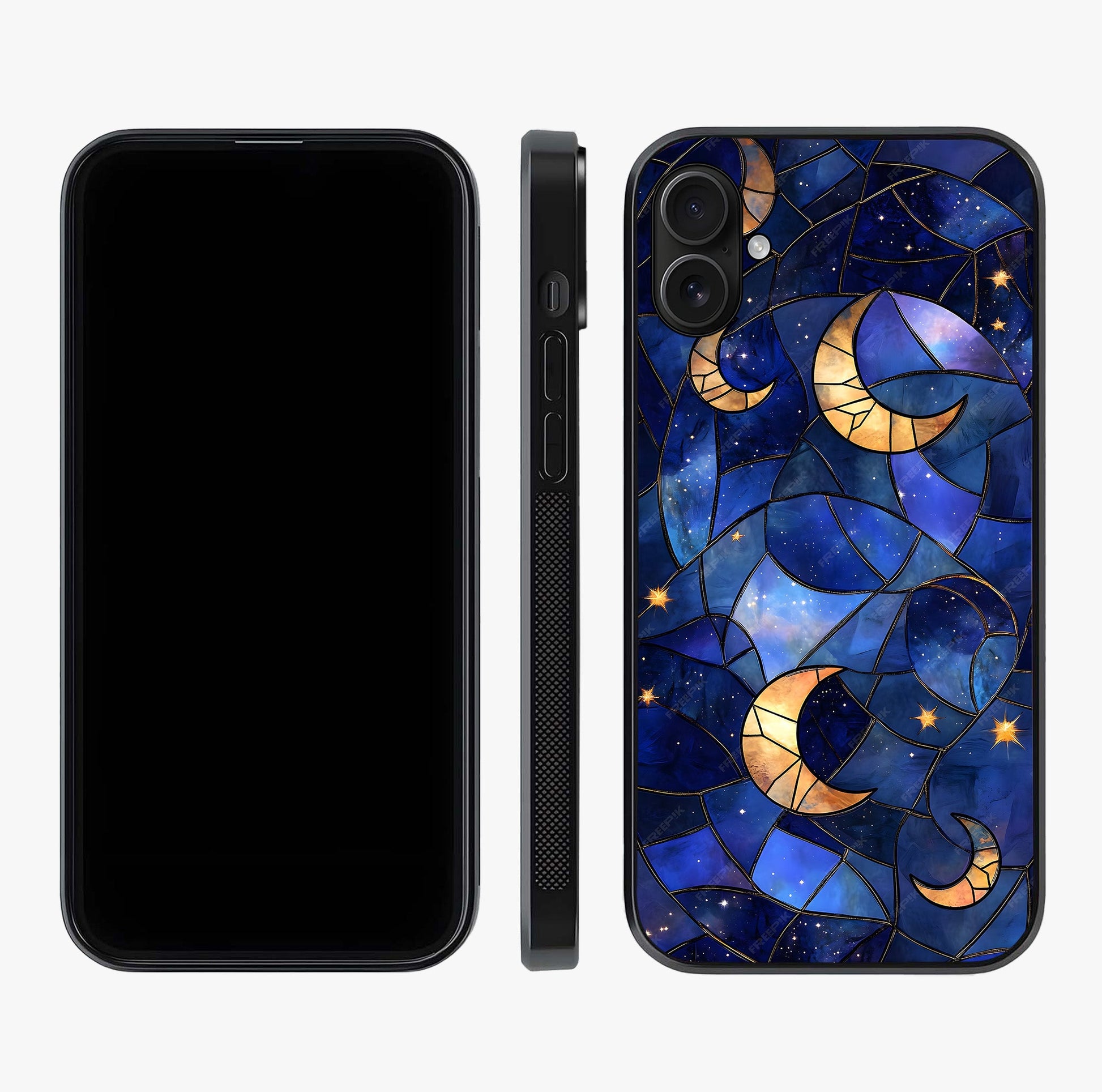 Starlit Sky Tapestry Glass Case displayed upright for full design visibility and premium finish.