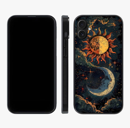 Sun And Moon Magic Design Glass Case displayed upright for full design visibility and premium finish.