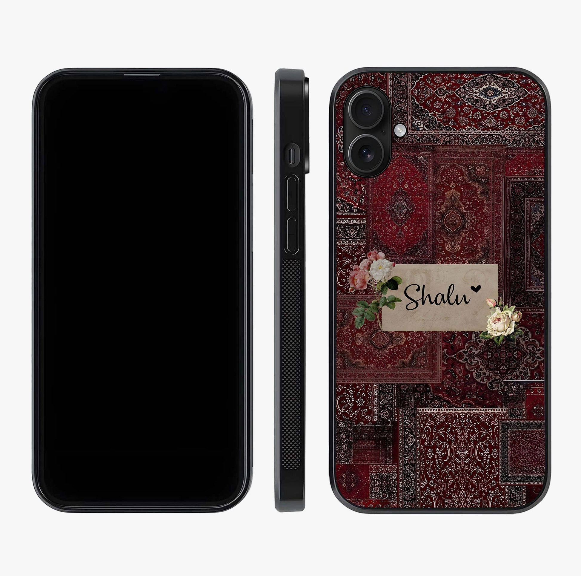 Velvet Wine Pattern Custom Name Glass Case displayed upright for full design visibility and premium finish.