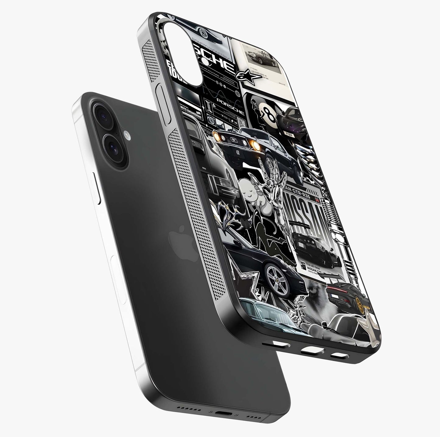 Aesthetic Dark Love Glass Case laid diagonally highlighting side profile, edges and glossy glass shine.