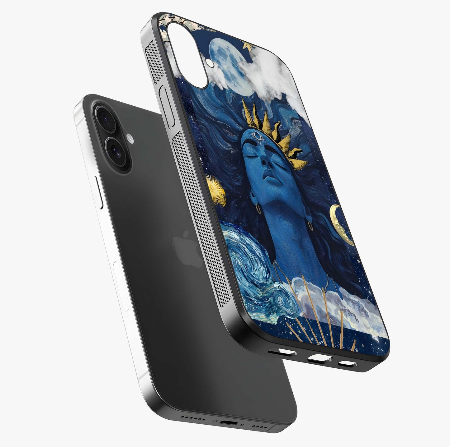 Aesthetic Lord Shiva Glass Case laid diagonally highlighting side profile, edges and glossy glass shine.