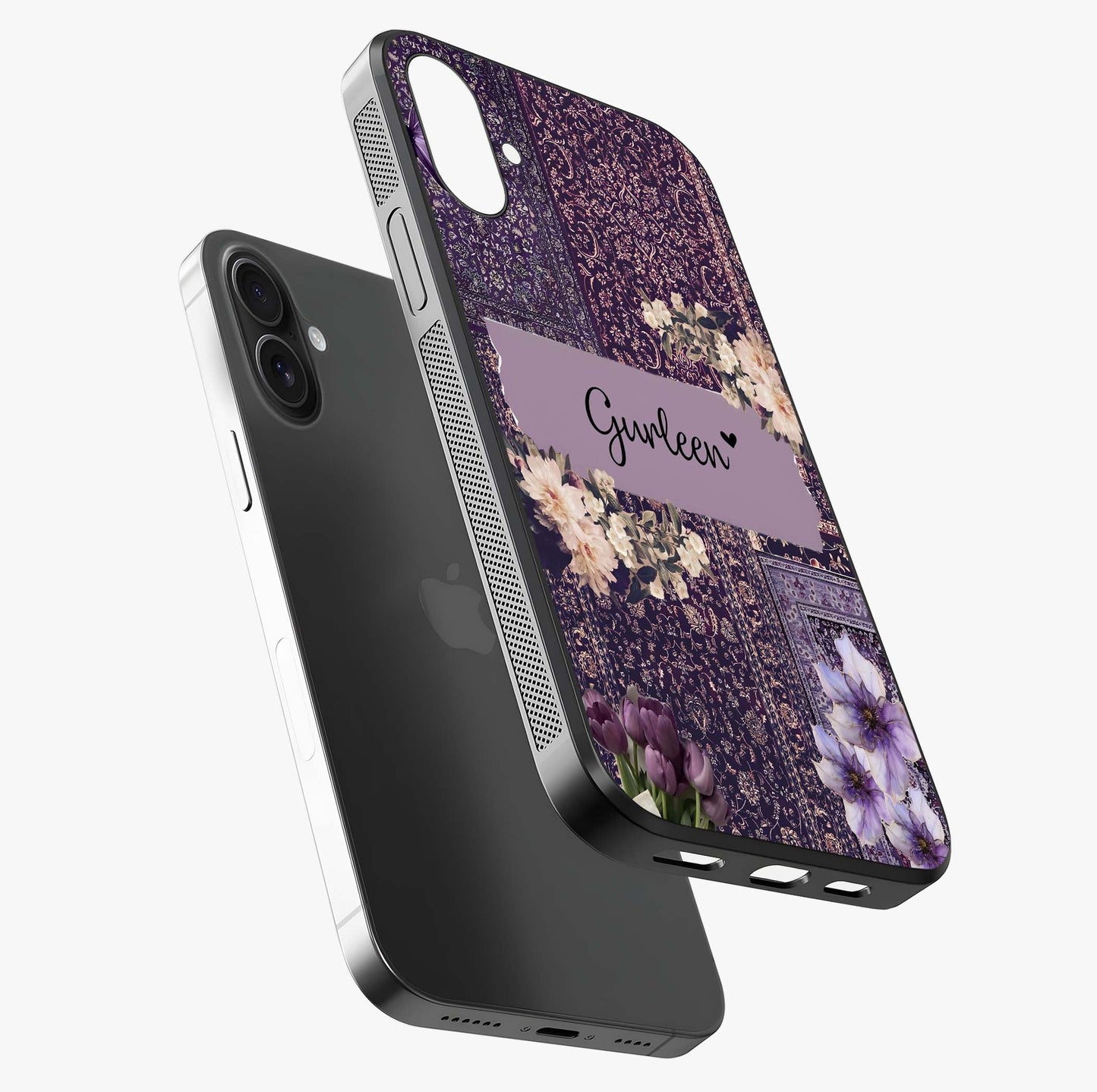 Antique Floral Whisper Custom Name Glass Case laid diagonally highlighting side profile, edges and glossy glass shine.