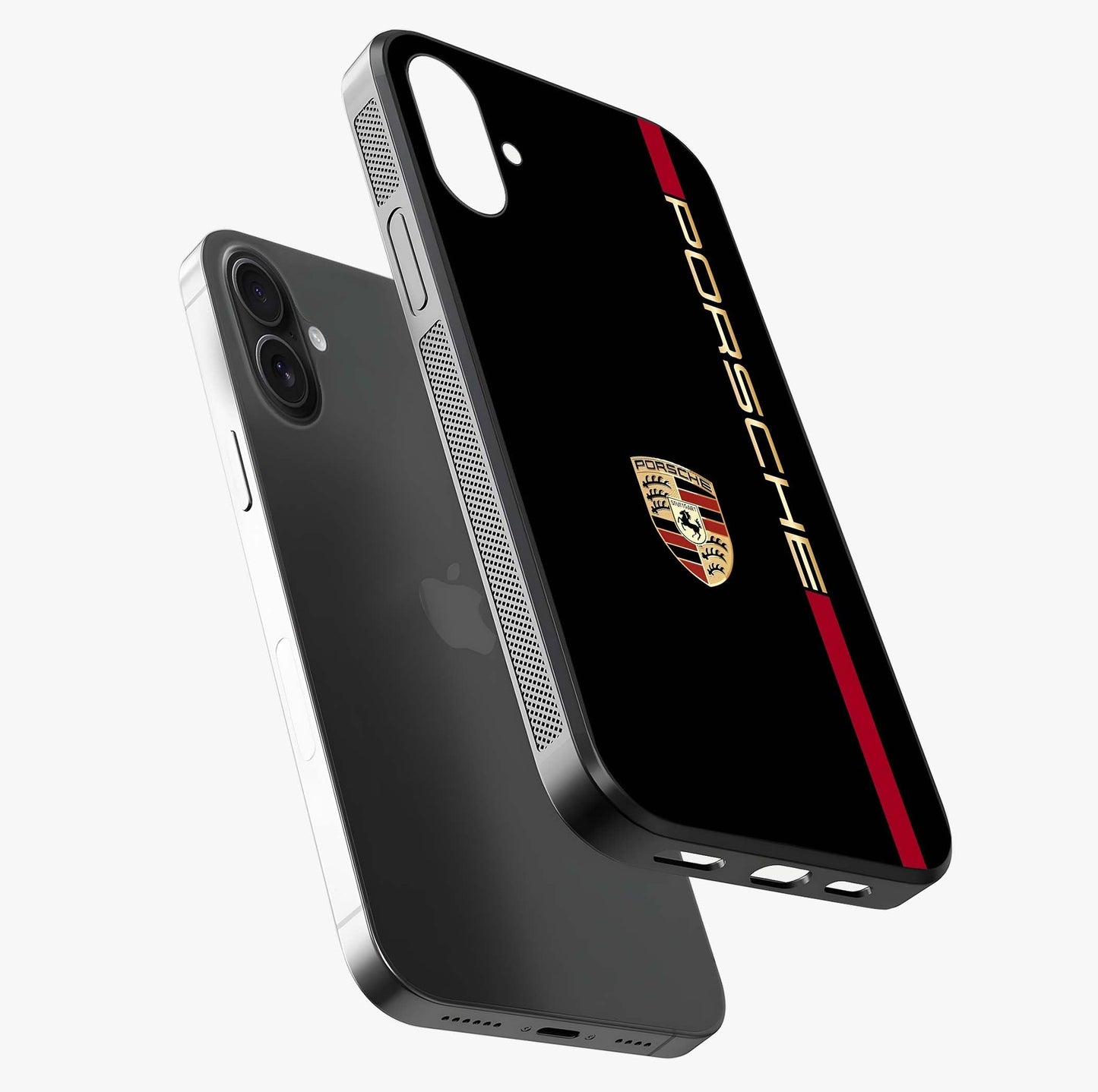 Black Minimal Porsche Glass Case laid diagonally highlighting side profile, edges and glossy glass shine.