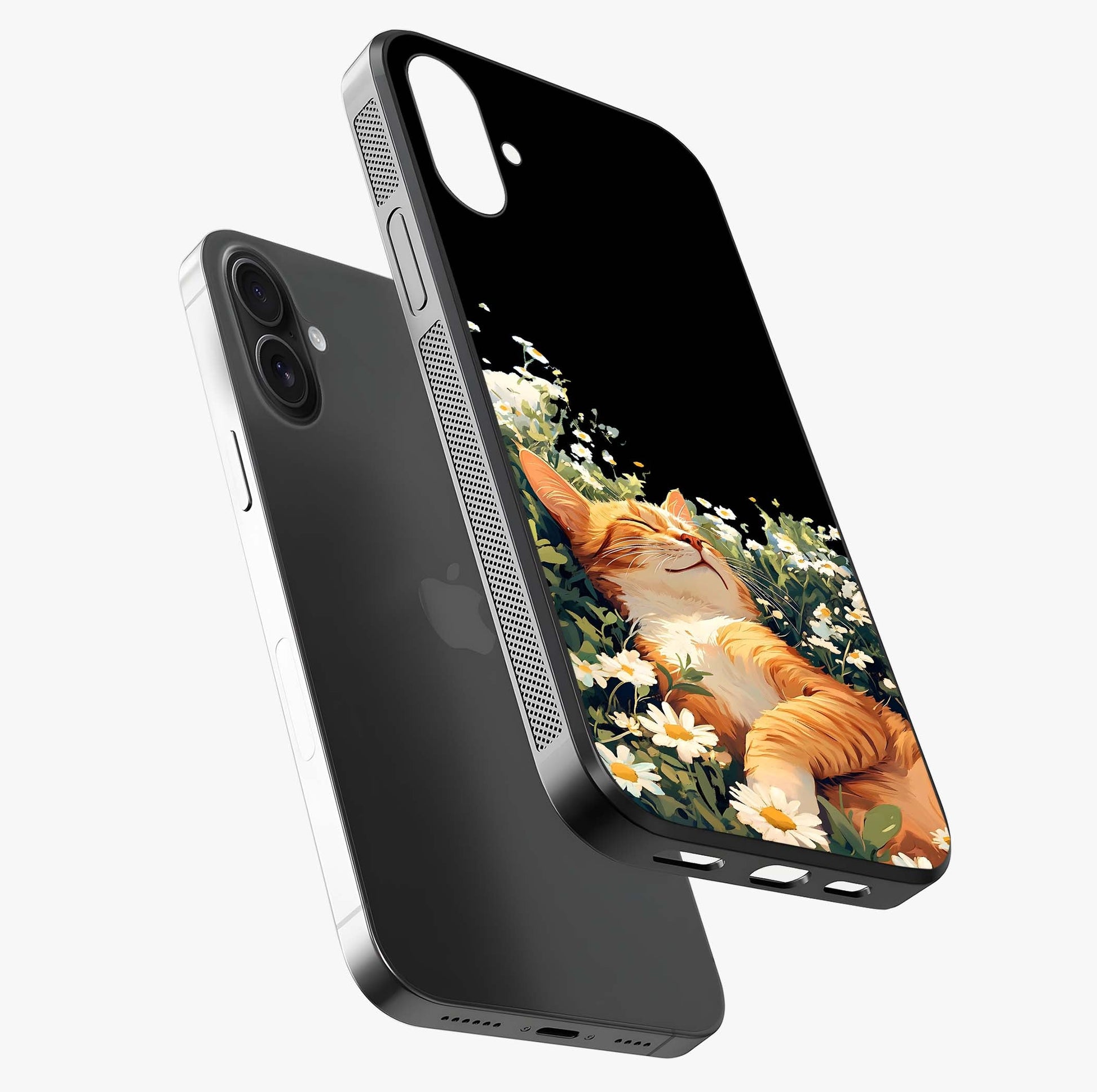 Blissful Bloom Cat Glass Case laid diagonally highlighting side profile, edges and glossy glass shine.