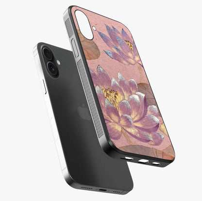 Blossom Mist Lotus Glass Case laid diagonally highlighting side profile, edges and glossy glass shine.