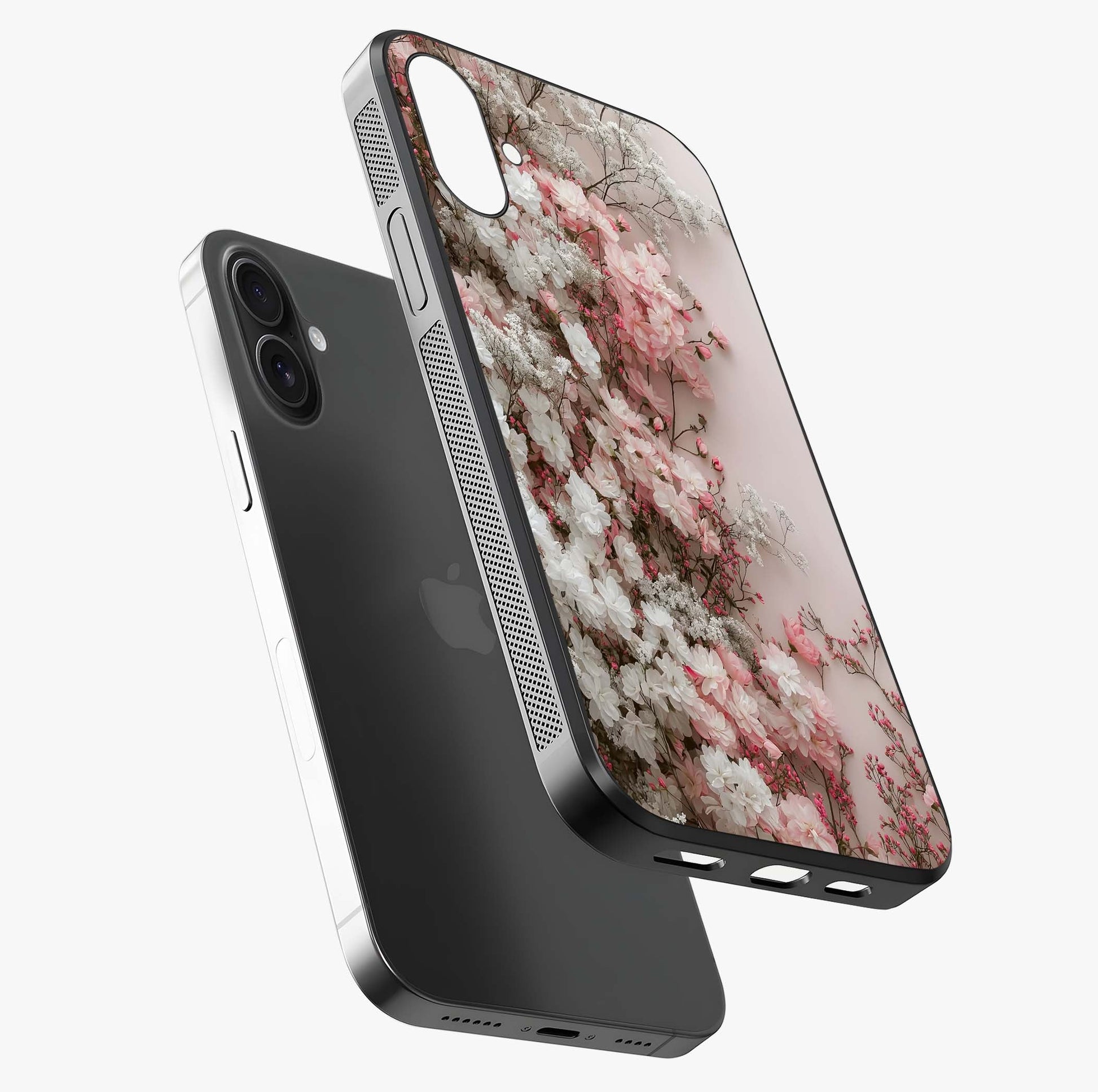 Blush Blossom Cloud Glass Case laid diagonally highlighting side profile, edges and glossy glass shine.