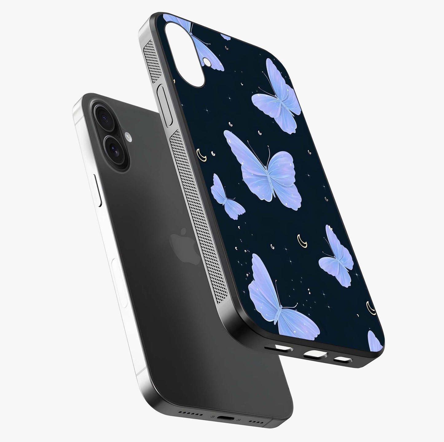 Butterfly With Stars Pattern Glass Case laid diagonally highlighting side profile, edges and glossy glass shine.