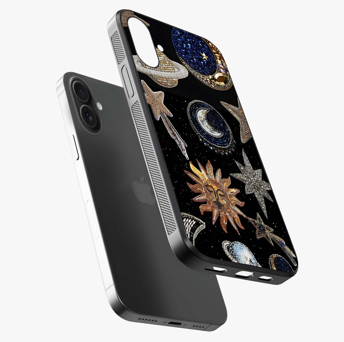 Celestial Gem Constellations Glass Case laid diagonally highlighting side profile, edges and glossy glass shine.