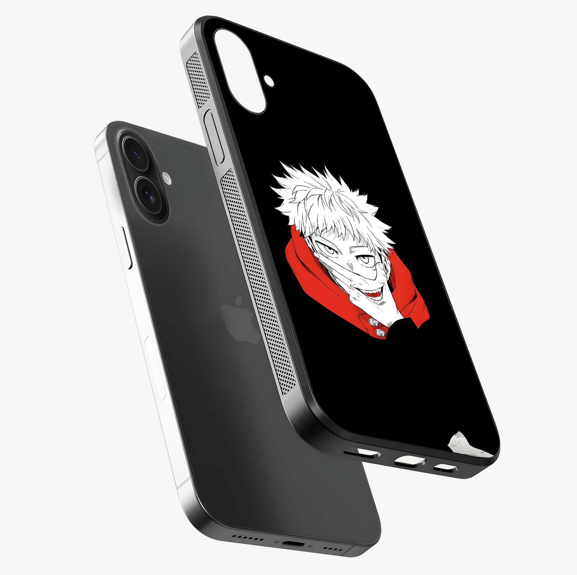 Crimson Chaos Smile Glass Case laid diagonally highlighting side profile, edges and glossy glass shine.