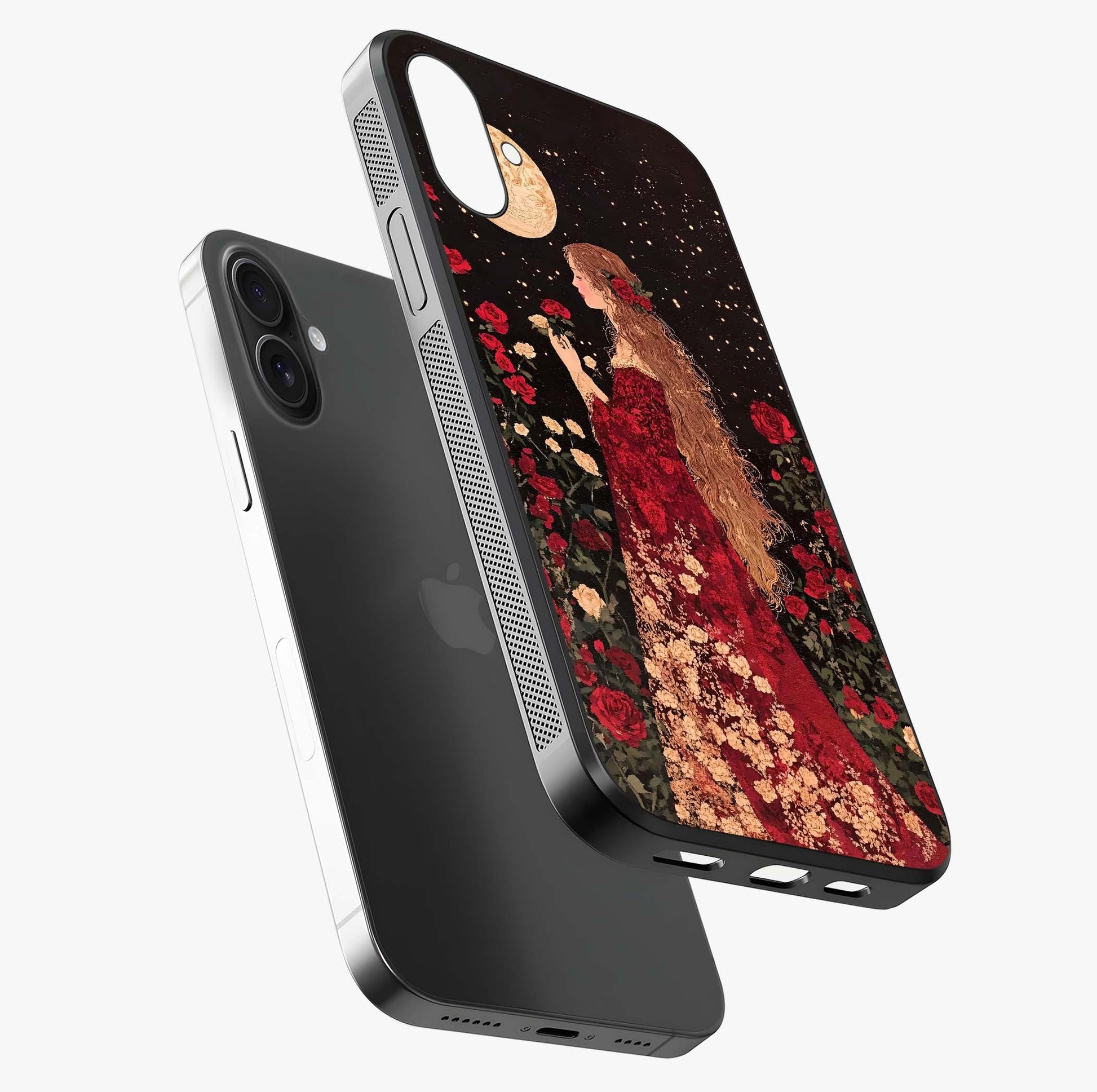 Crimson Dreams Glass Case laid diagonally highlighting side profile, edges and glossy glass shine.
