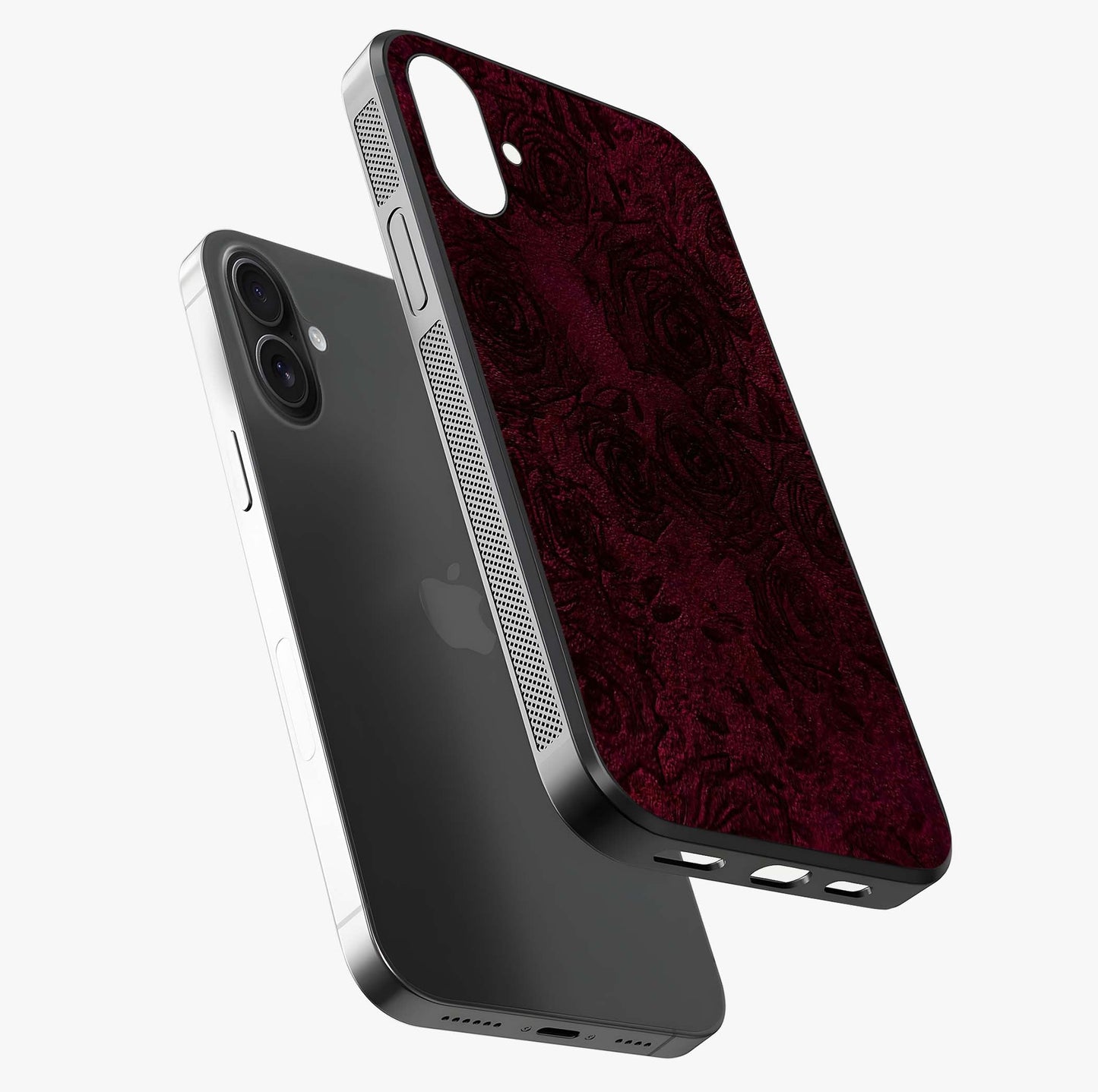 Crimson Fade Flow Glass Case laid diagonally highlighting side profile, edges and glossy glass shine.